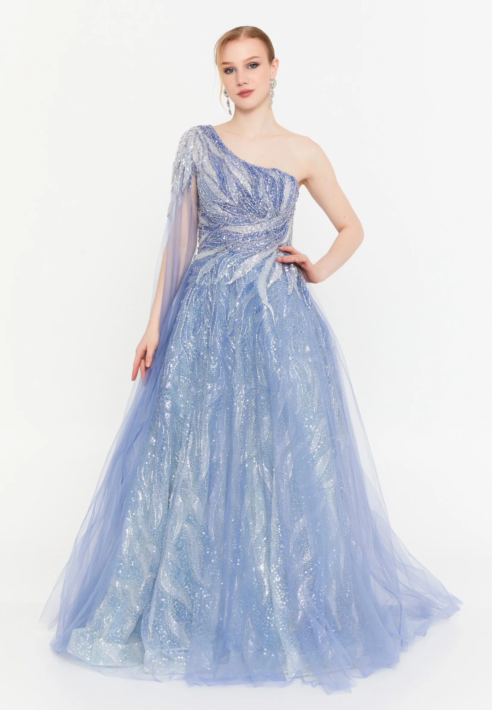 One Shoulder Maxi Tulle A - Line Regular Prom Dress mtc1135 - Image 2
