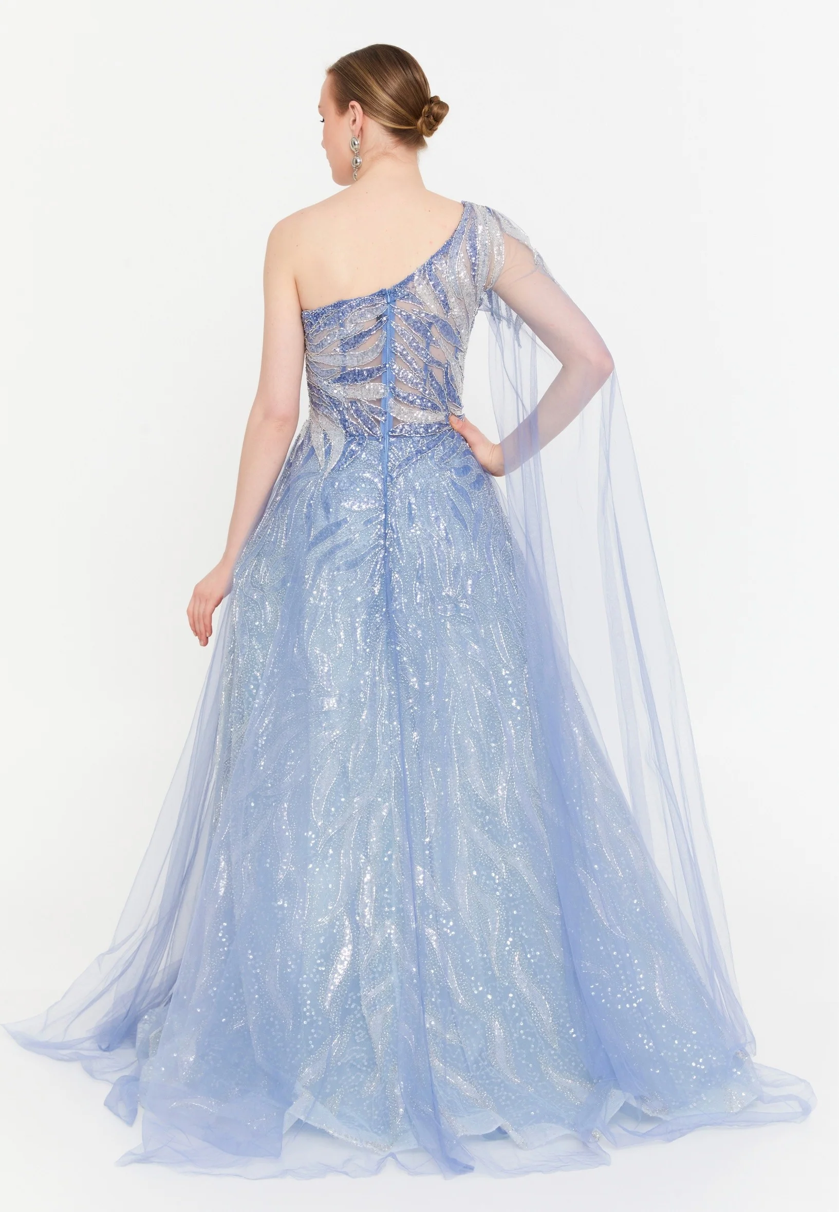 One Shoulder Maxi Tulle A - Line Regular Prom Dress mtc1135 - Image 3