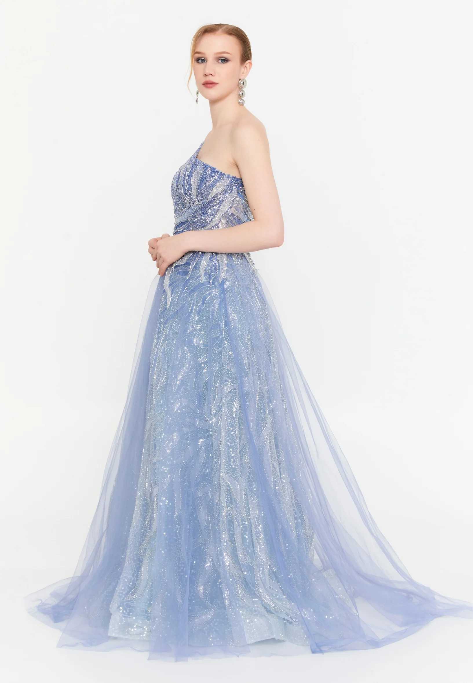 One Shoulder Maxi Tulle A - Line Regular Prom Dress mtc1135 - Image 4