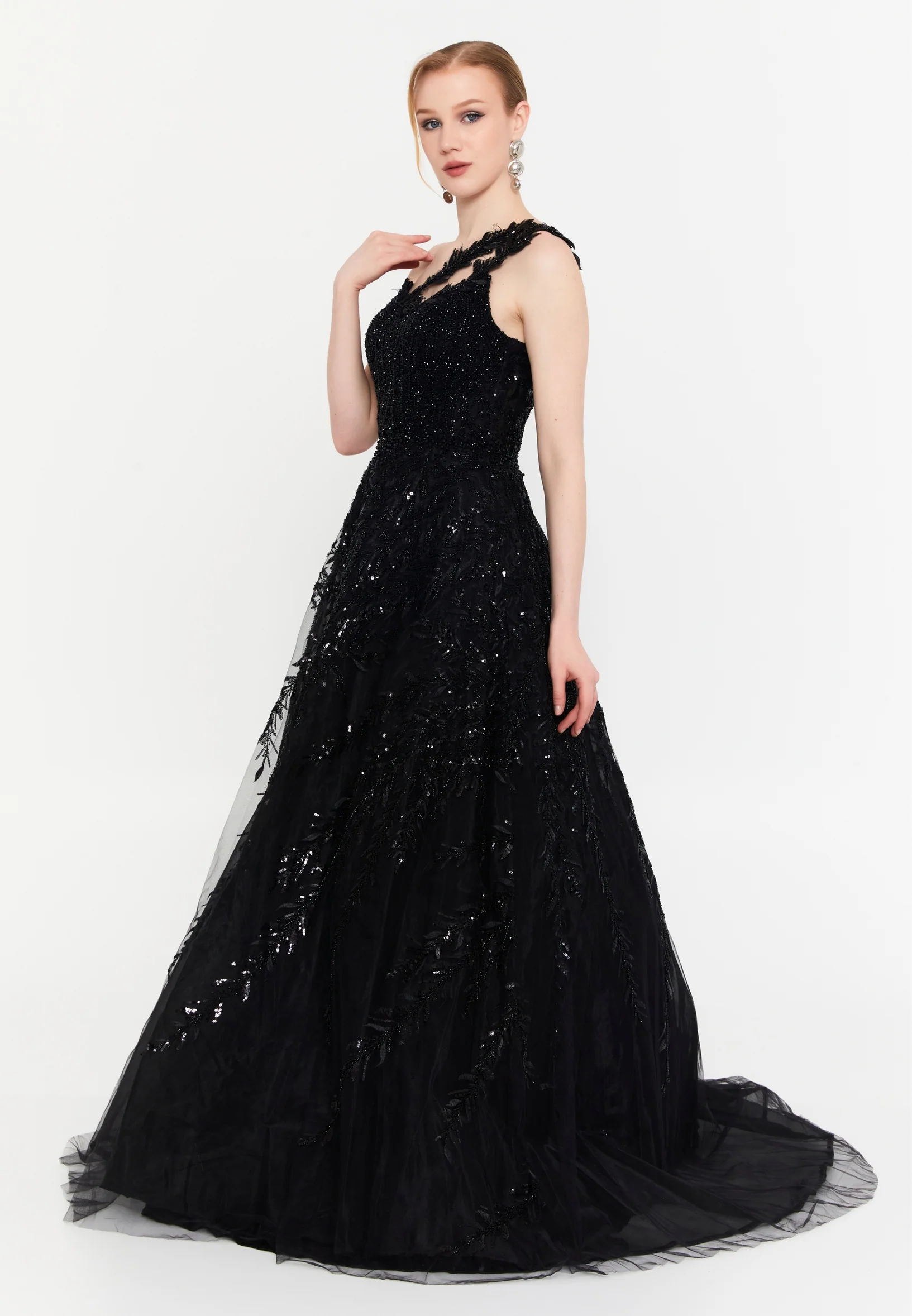 One Shoulder Maxi Tulle A - Line Regular Prom Dress mtc2617 - Image 3