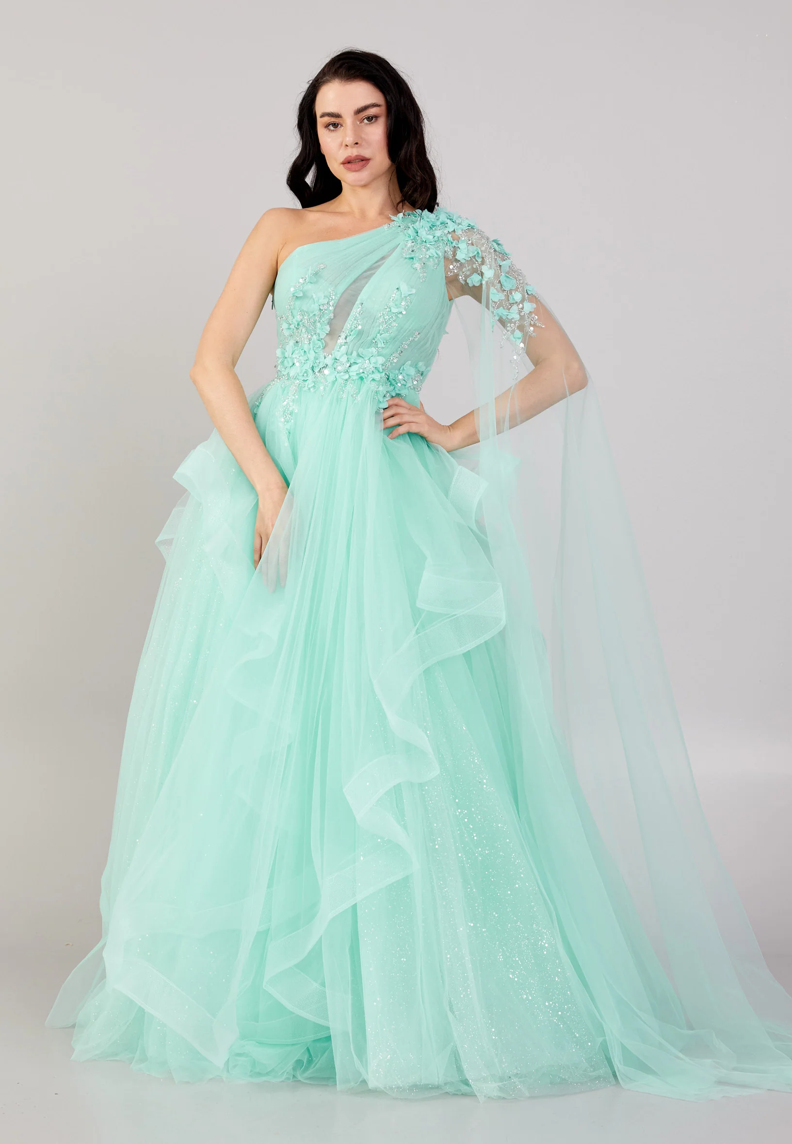One Shoulder Maxi Tulle A - Line Regular Prom Dress mti0601
