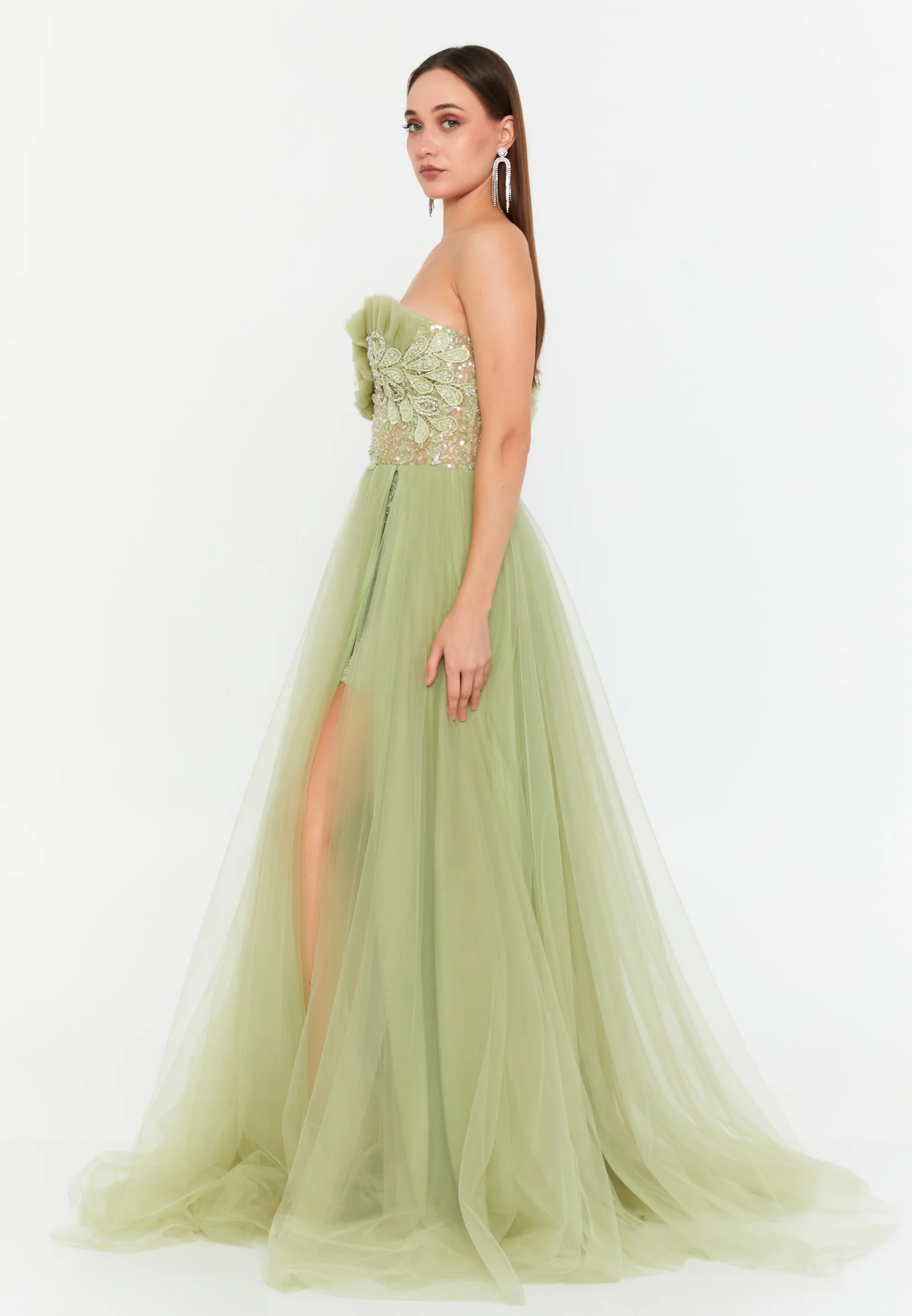 One Shoulder Maxi Tulle Column Regular Wedding Guest Dress prl716 - Image 3