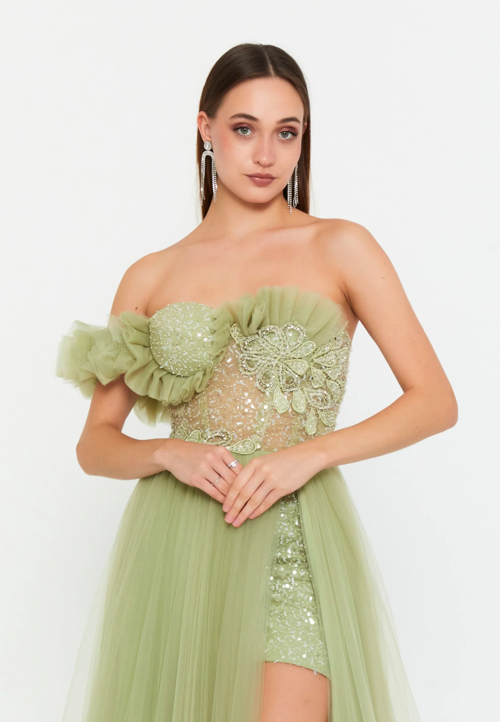 One Shoulder Maxi Tulle Column Regular Wedding Guest Dress prl716 - Image 4