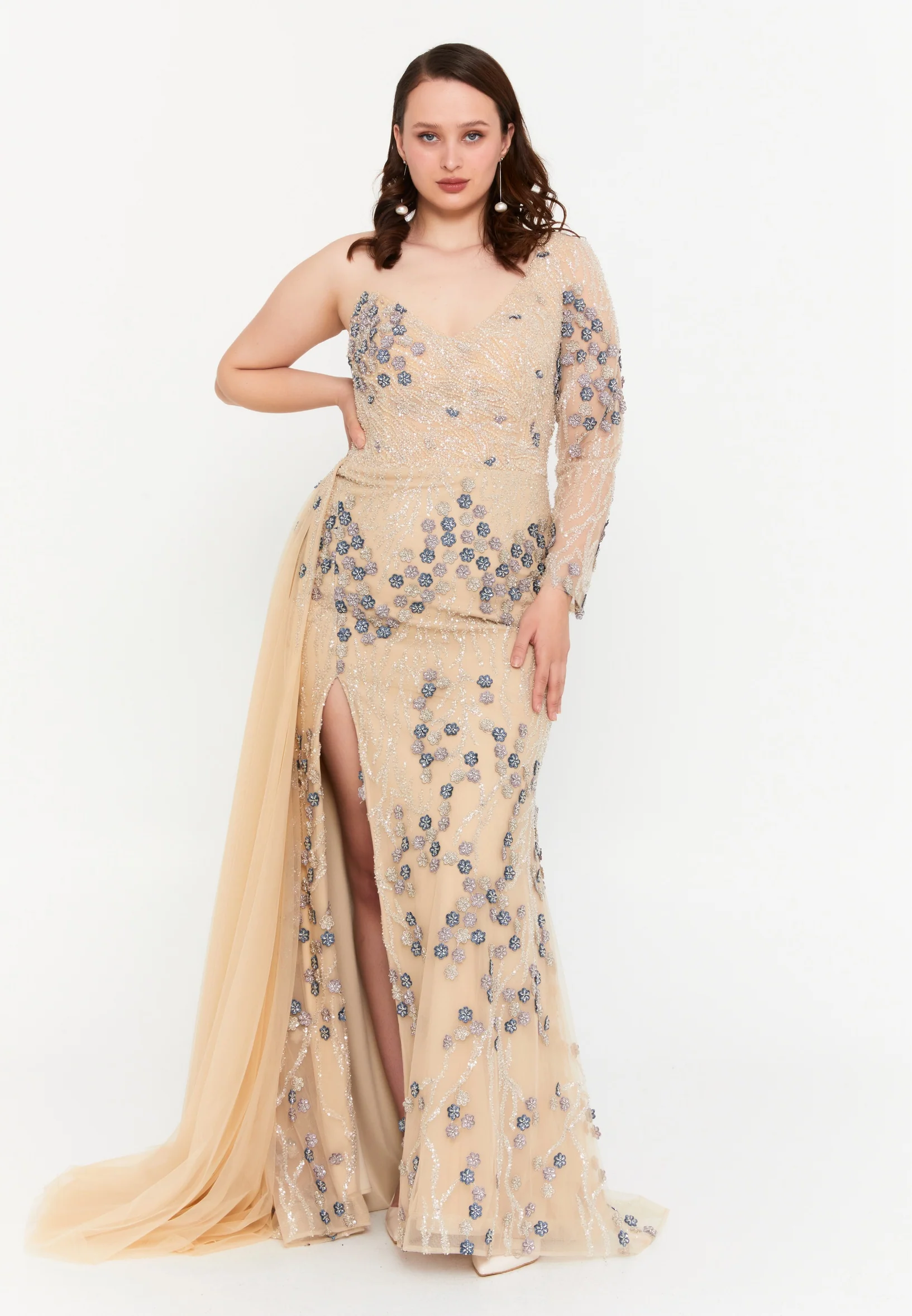 One Shoulder Maxi Tulle Mermaid Plus Size Wedding Guest Dress mtcb40