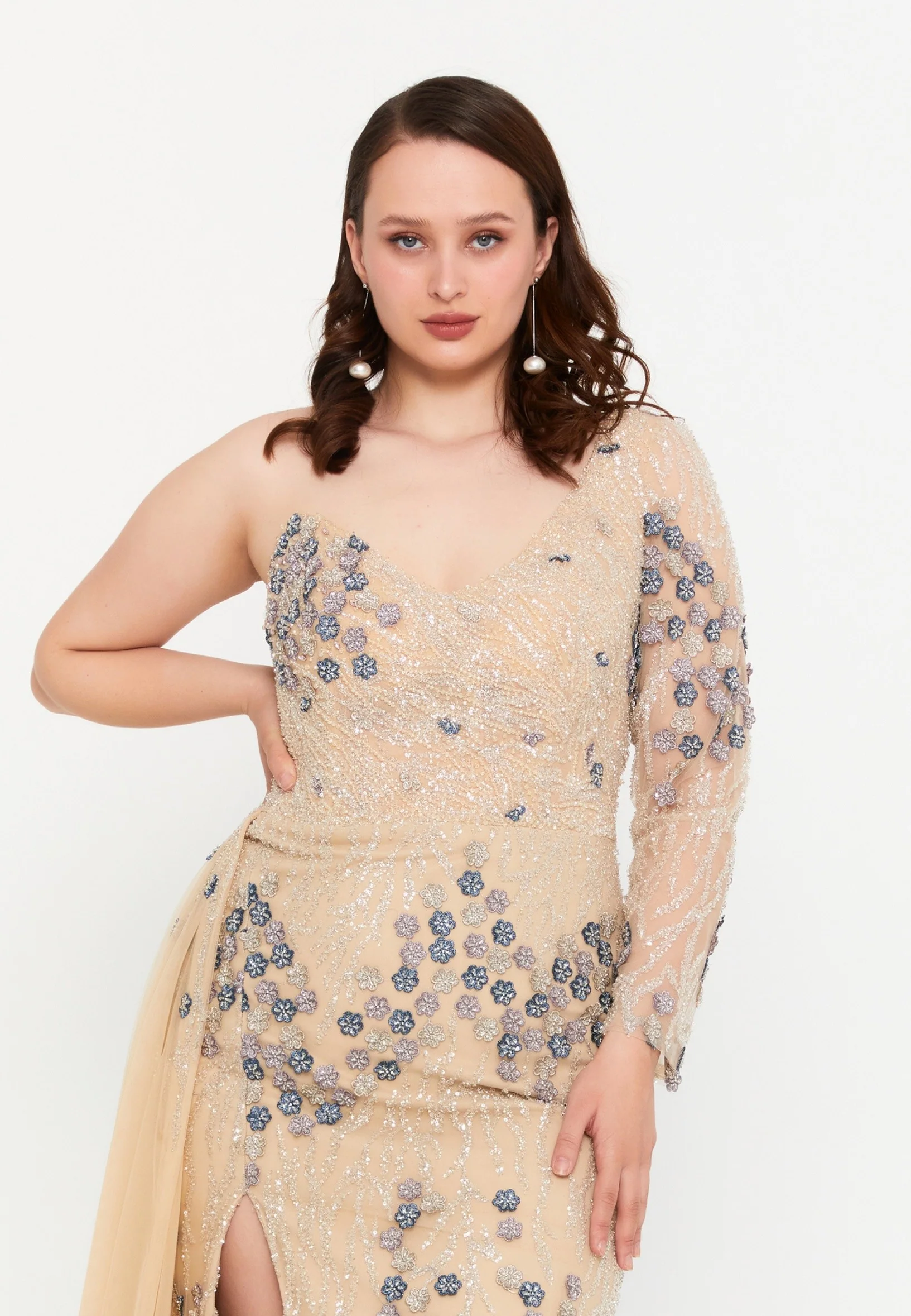 One Shoulder Maxi Tulle Mermaid Plus Size Wedding Guest Dress mtcb40 - Image 4