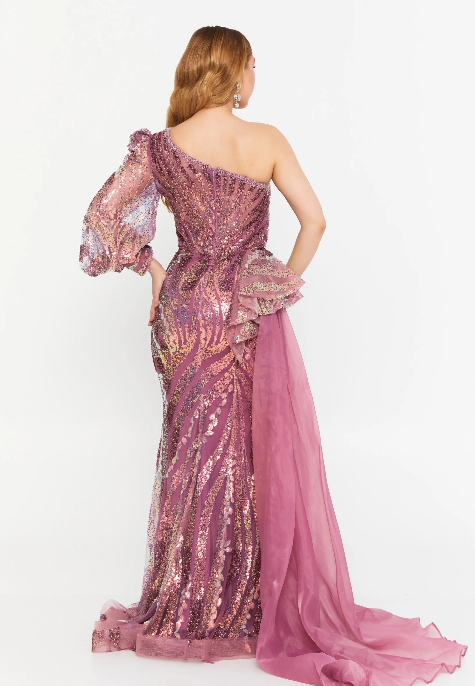 One Shoulder Maxi Tulle Mermaid Regular Prom Dress mtc1096 - Image 2