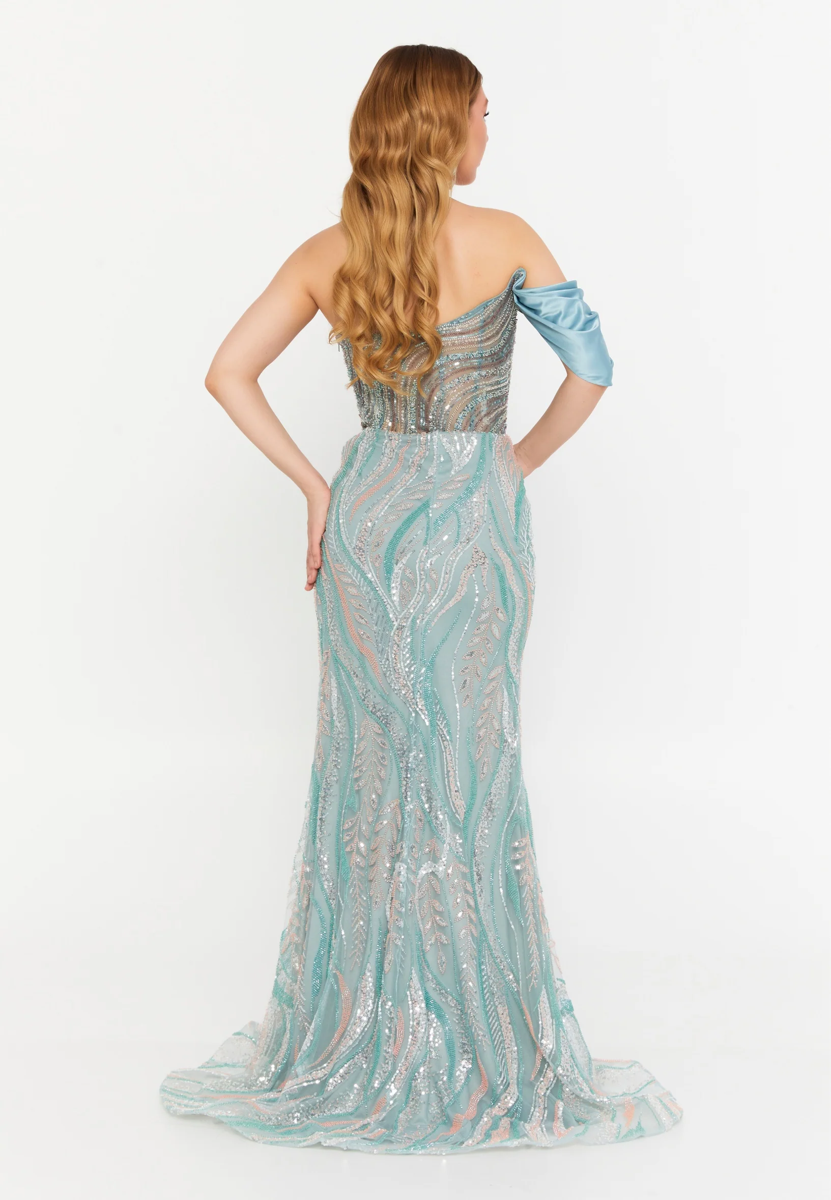 One Shoulder Maxi Tulle Mermaid Regular Prom Dress mtc1152 - Image 2