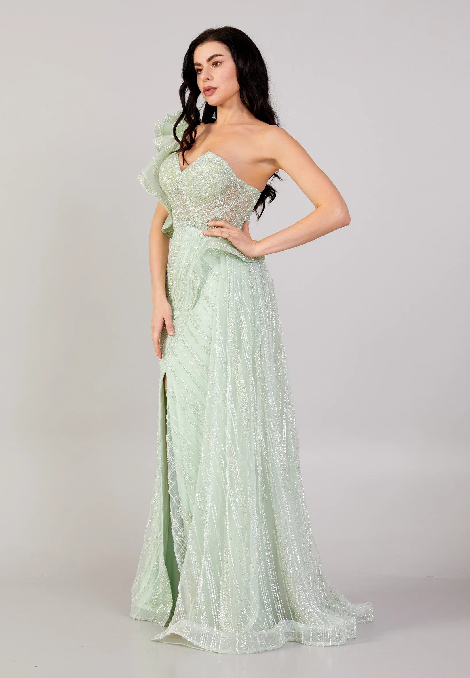 One Shoulder Maxi Tulle Mermaid Regular Prom Dress mti1002 - Image 11