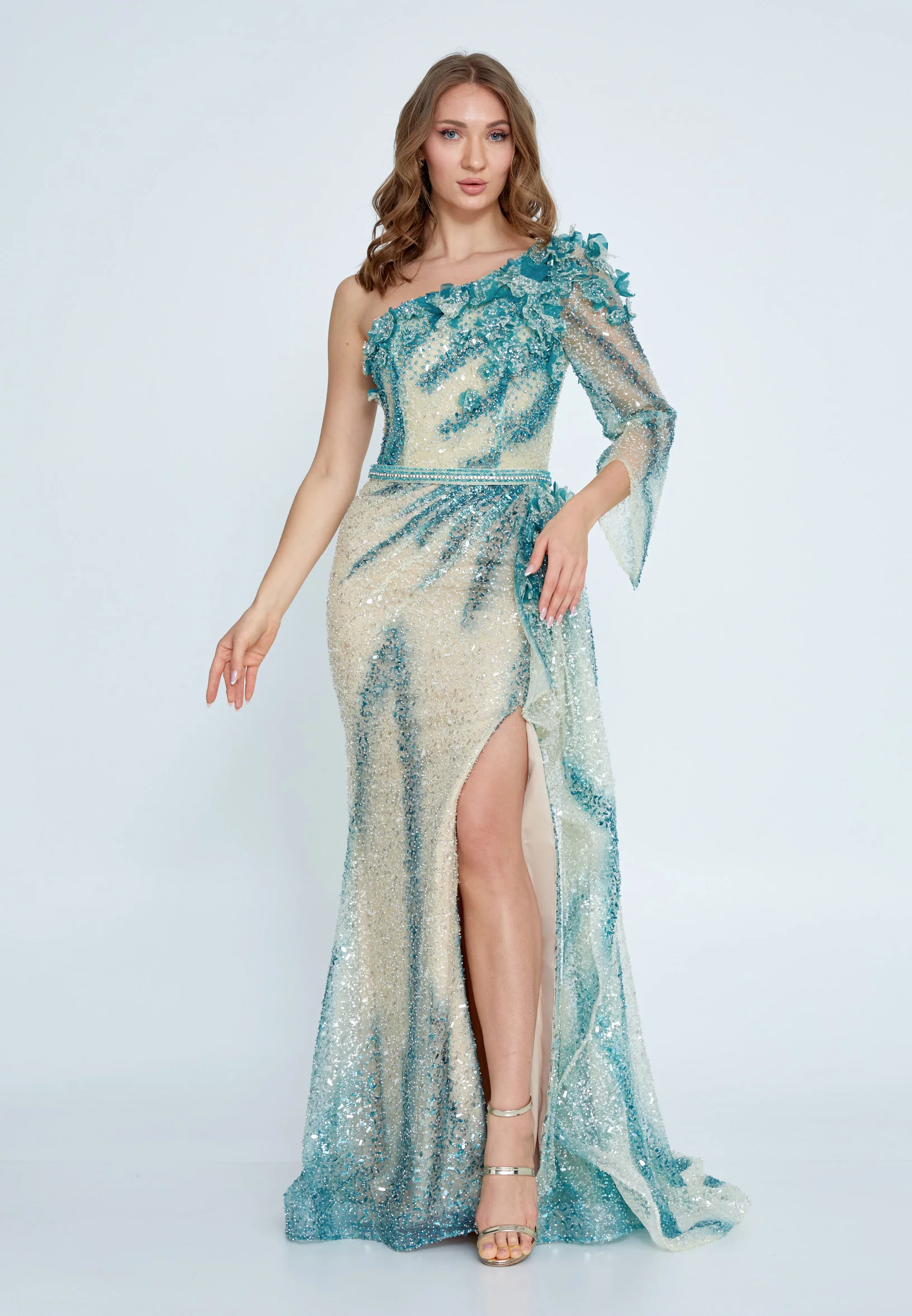 One Shoulder Maxi Tulle Mermaid Regular Prom Dress mtihs23030 - Image 5