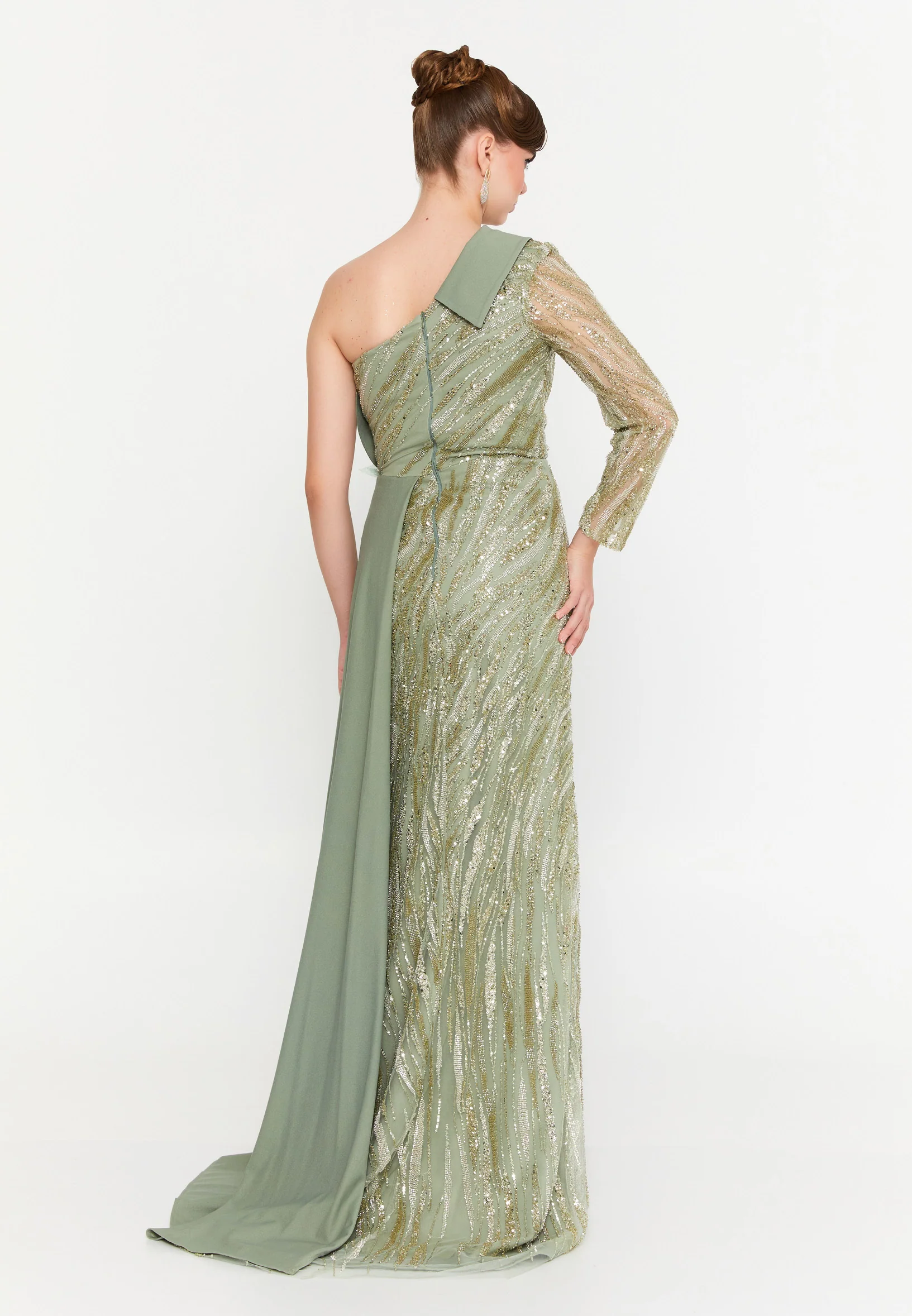 One Shoulder Maxi Tulle Mermaid Regular Prom Dress mtr88217 - Image 10