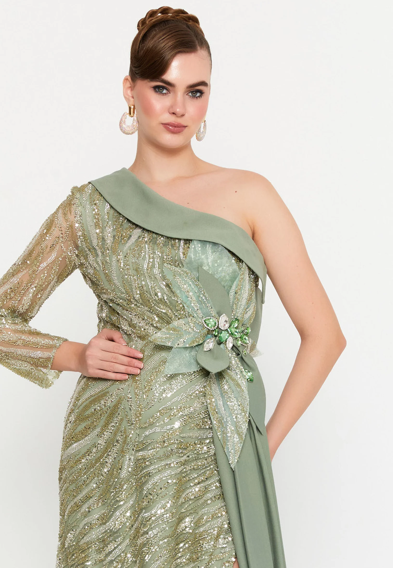 One Shoulder Maxi Tulle Mermaid Regular Prom Dress mtr88217 - Image 12