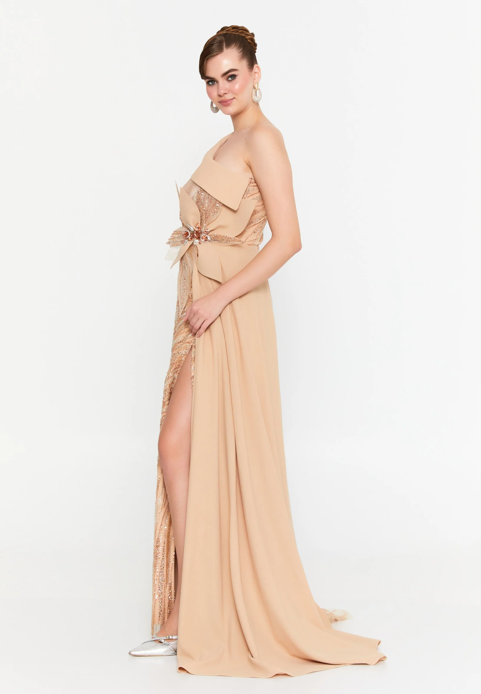 One Shoulder Maxi Tulle Mermaid Regular Prom Dress mtr88217 - Image 3