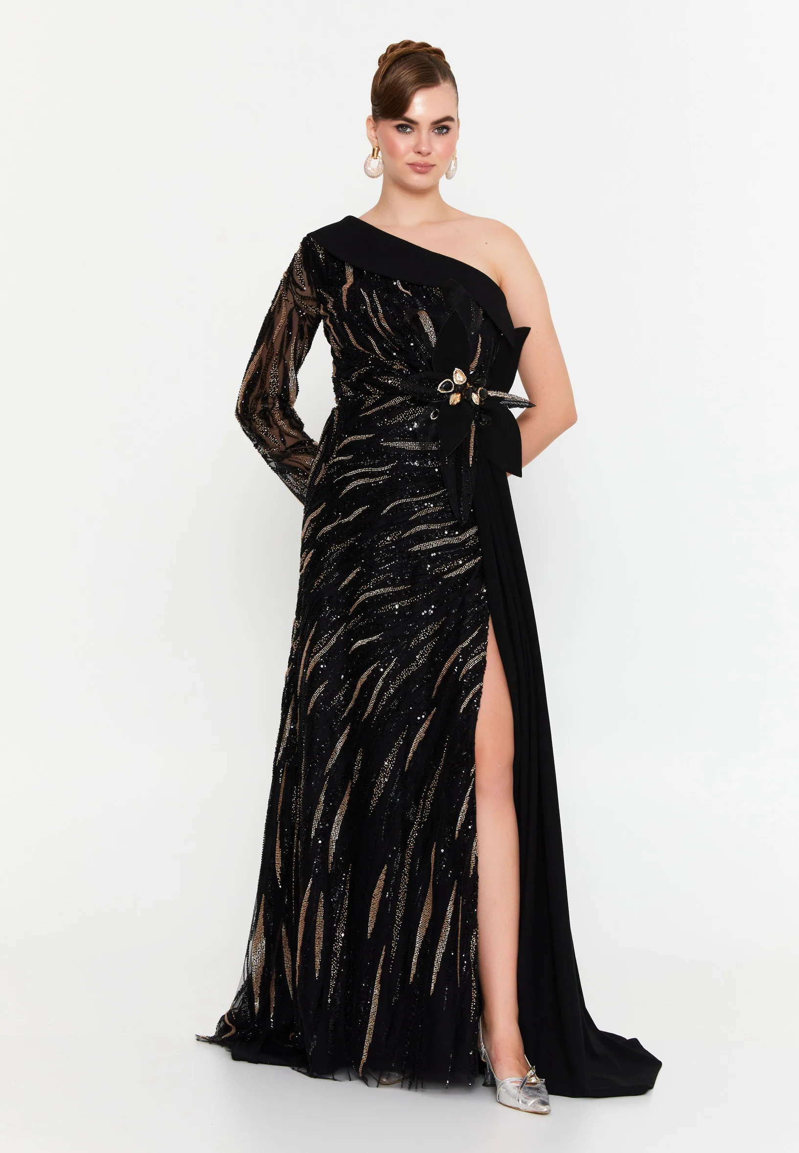 One Shoulder Maxi Tulle Mermaid Regular Prom Dress mtr88217 - Image 5