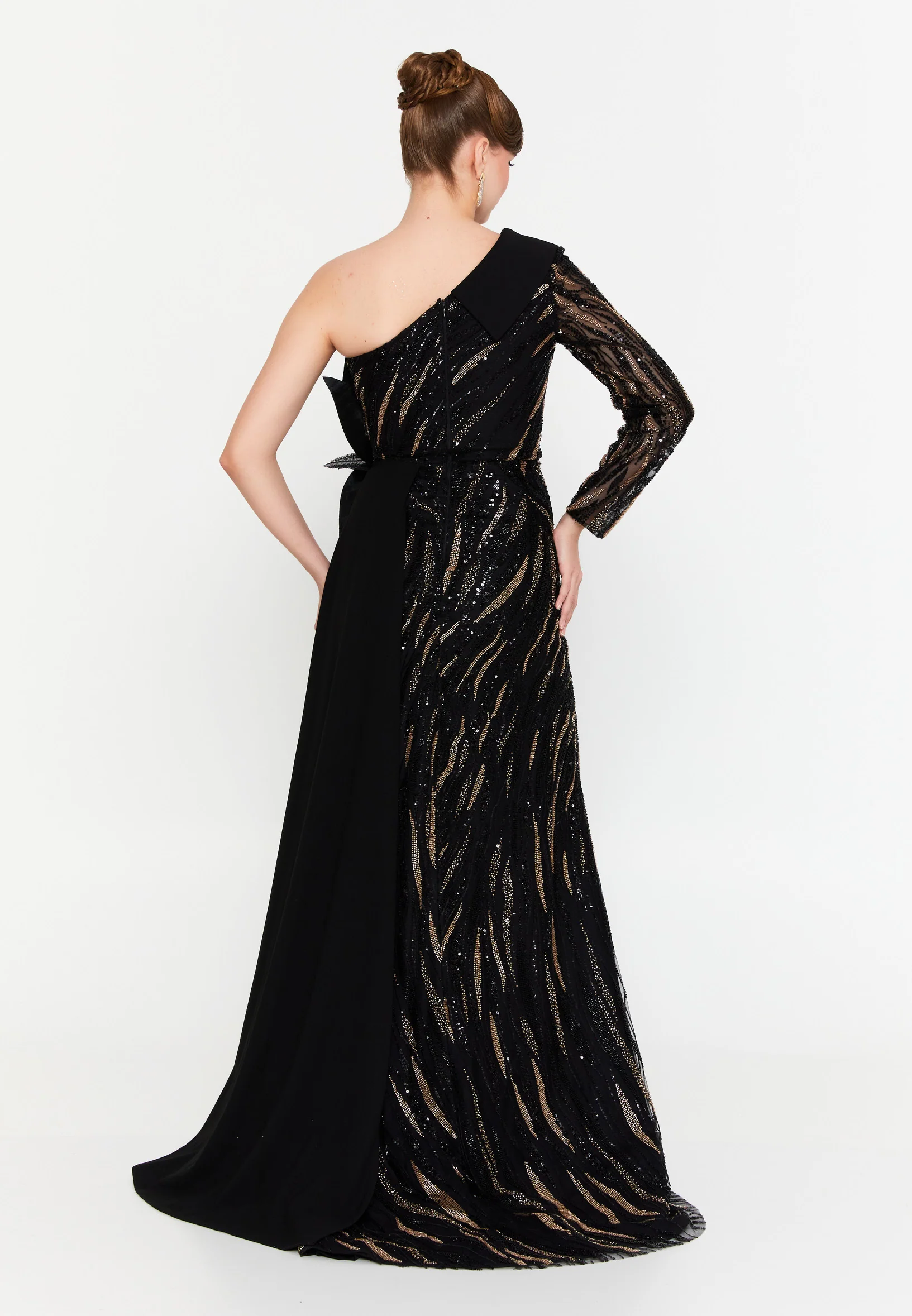 One Shoulder Maxi Tulle Mermaid Regular Prom Dress mtr88217 - Image 6