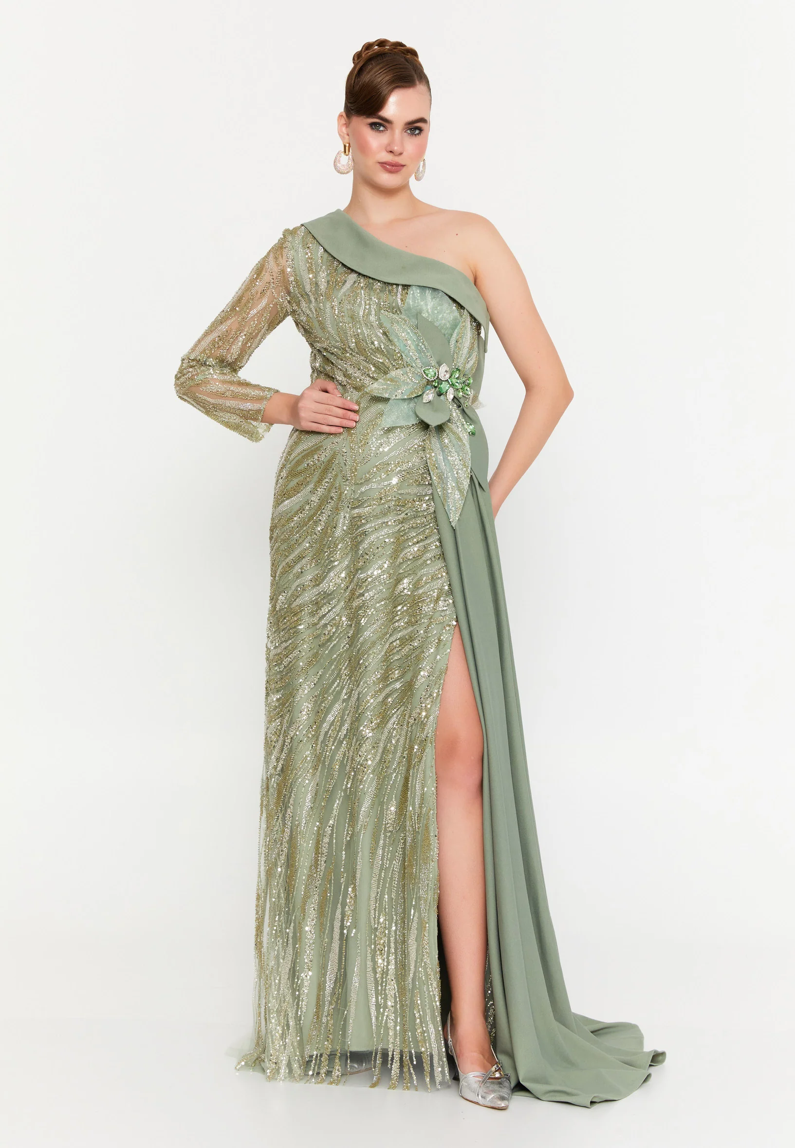 One Shoulder Maxi Tulle Mermaid Regular Prom Dress mtr88217 - Image 9