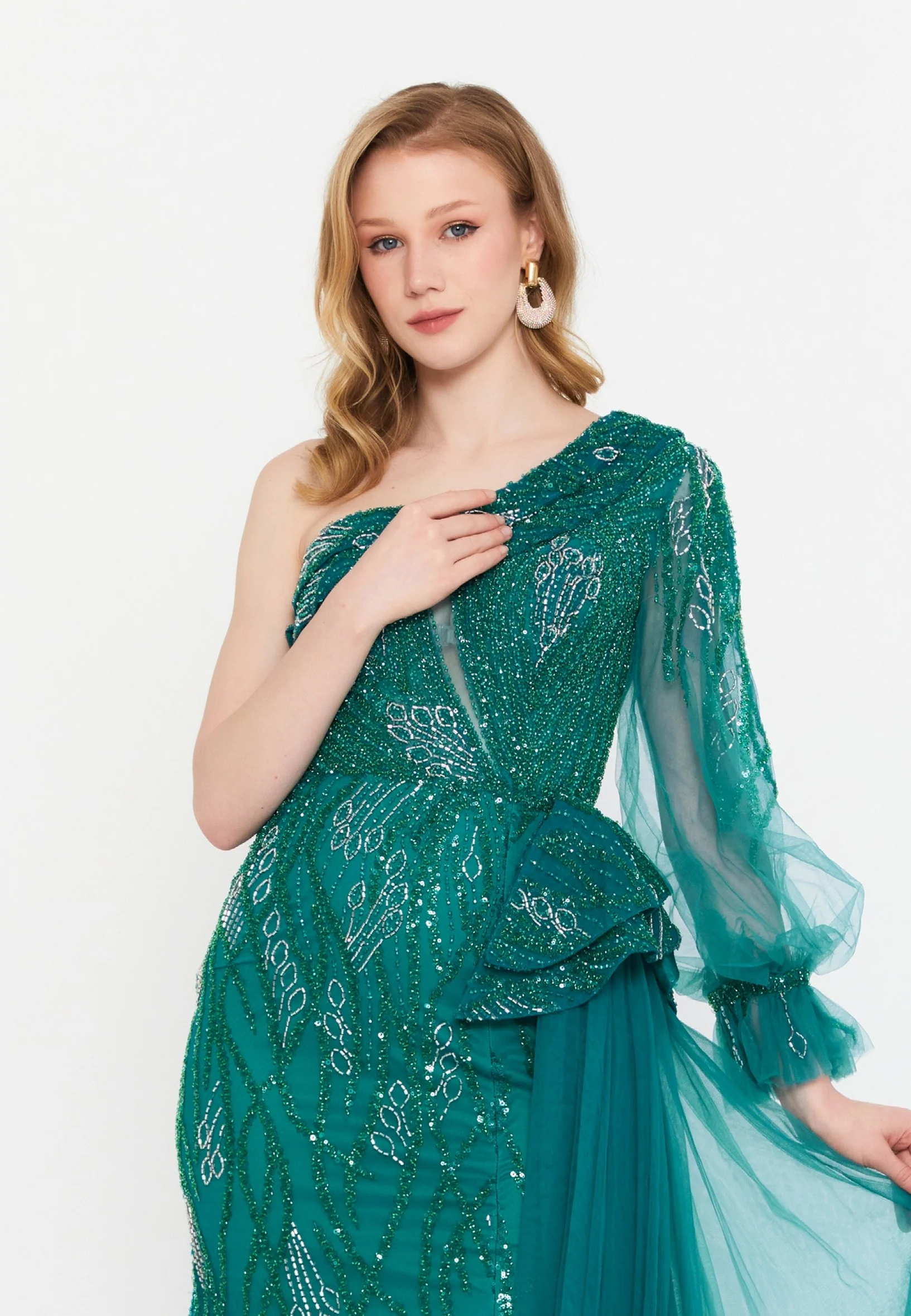 One Shoulder Maxi Tulle Mermaid Regular Wedding Guest Dress mtc1087 - Image 12