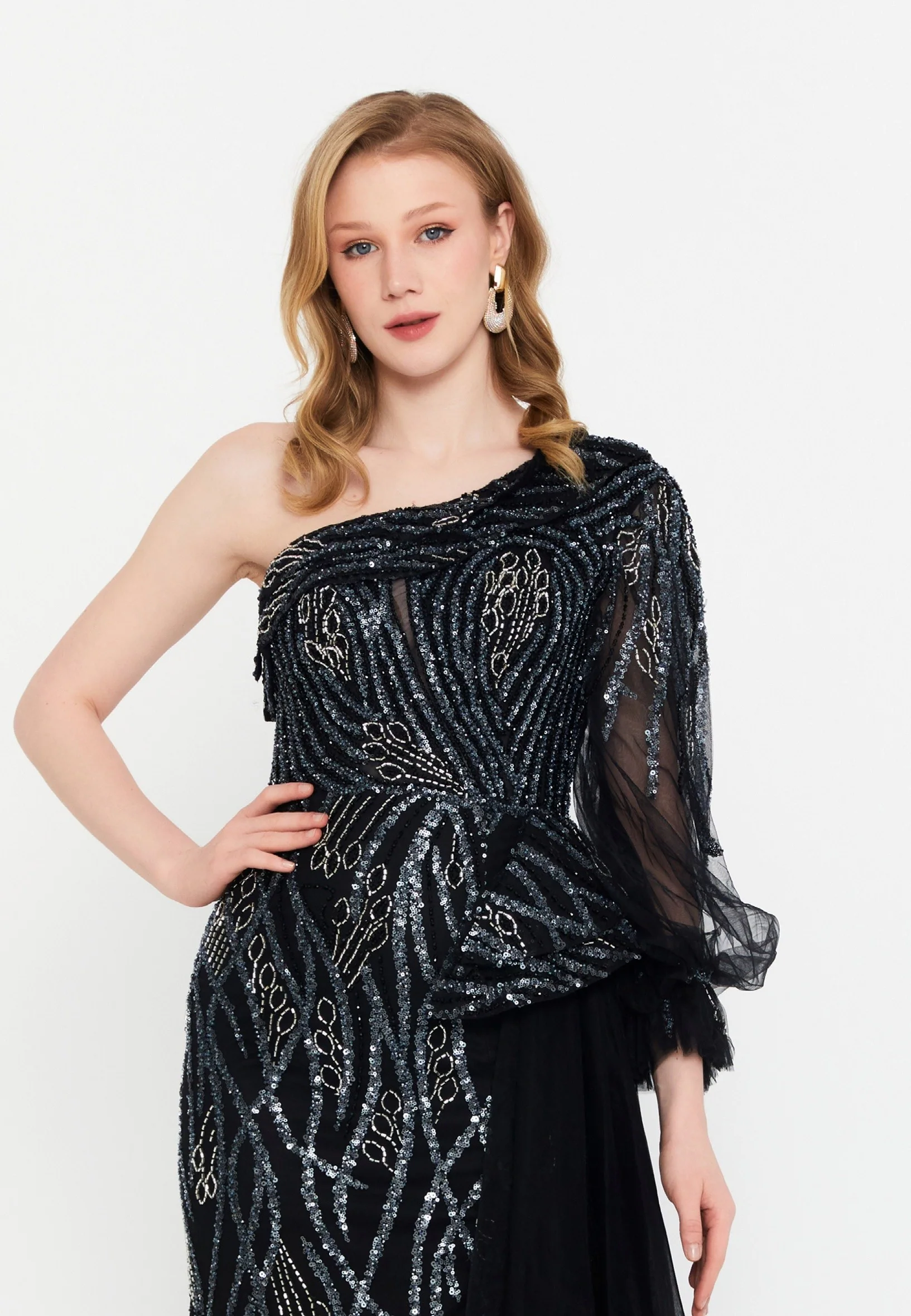 One Shoulder Maxi Tulle Mermaid Regular Wedding Guest Dress mtc1087 - Image 4