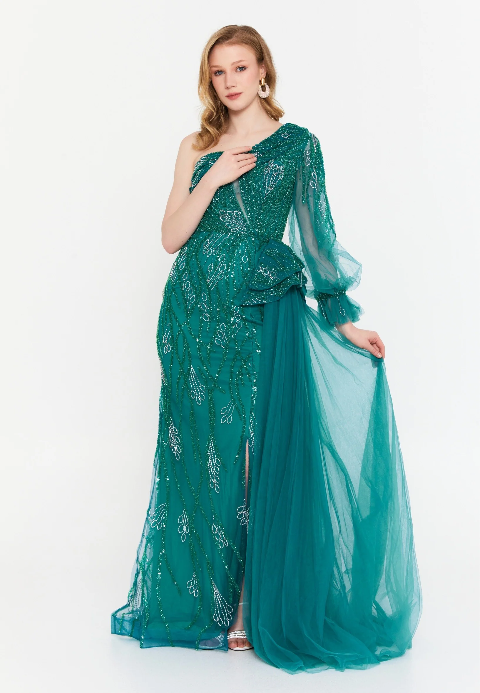One Shoulder Maxi Tulle Mermaid Regular Wedding Guest Dress mtc1087 - Image 9
