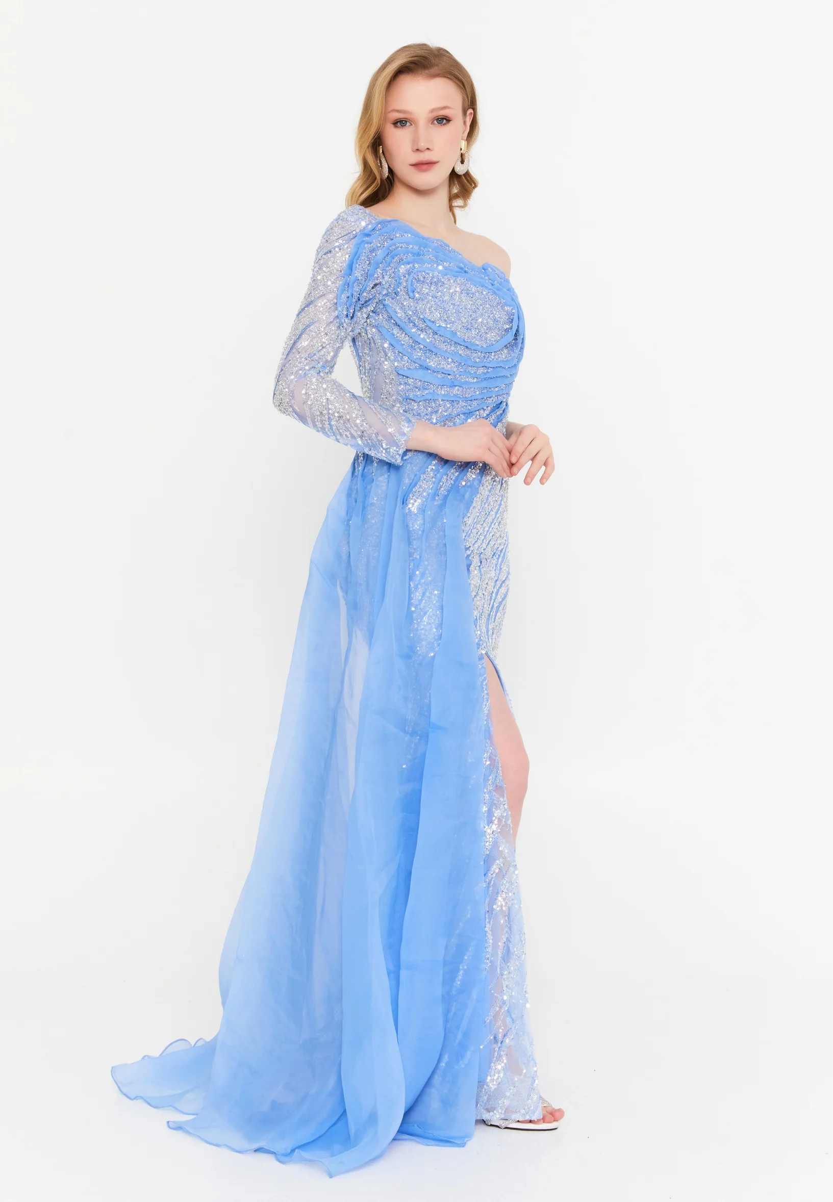 One Shoulder Maxi Tulle Mermaid Regular Wedding Guest Dress mtc1111 - Image 3