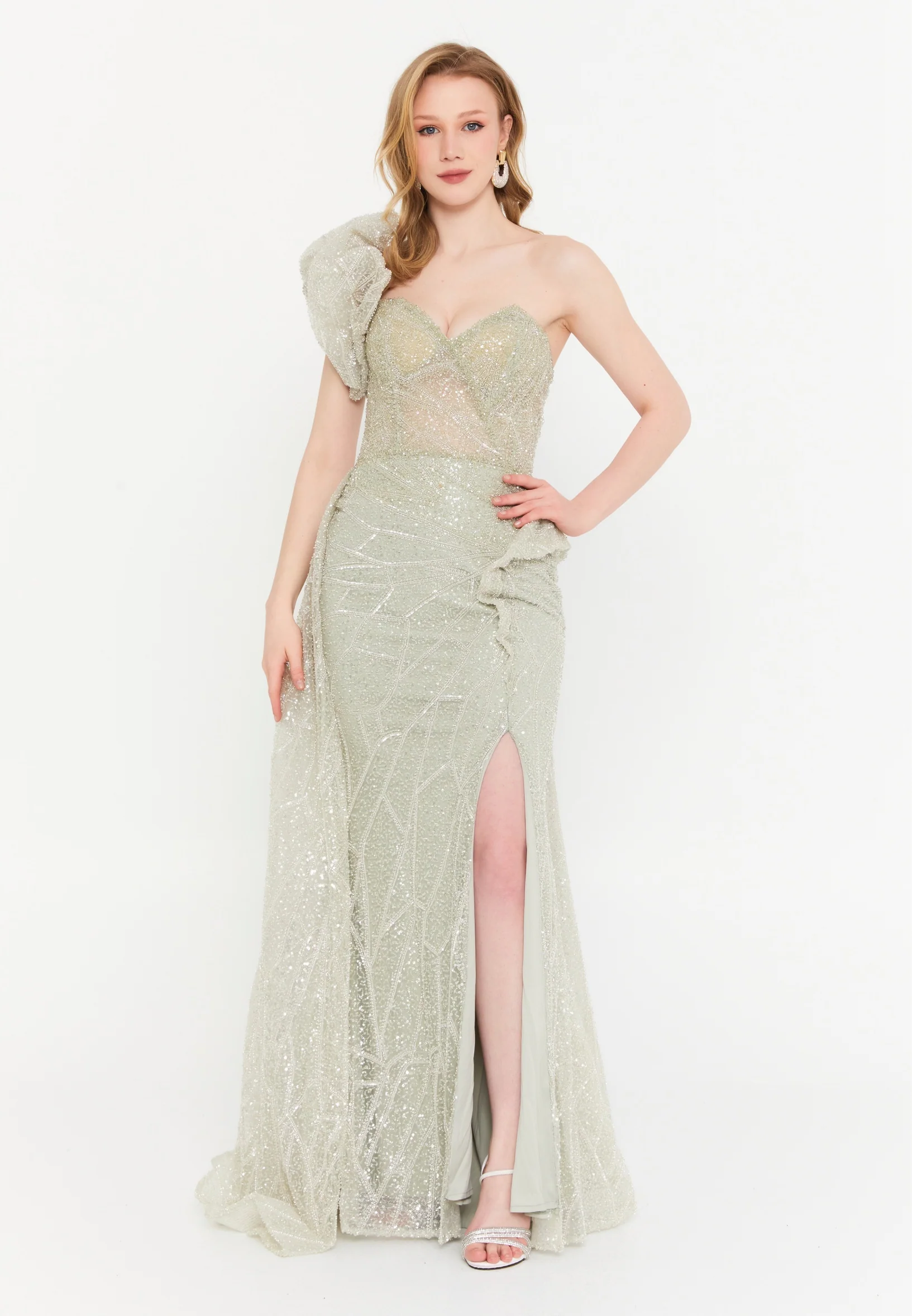 One Shoulder Maxi Tulle Mermaid Regular Wedding Guest Dress mtc1121 - Image 5