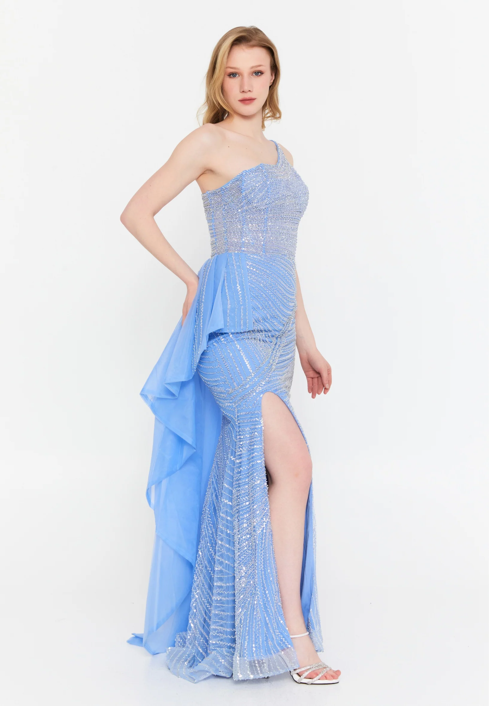 One Shoulder Maxi Tulle Mermaid Regular Wedding Guest Dress mtc1128 - Image 3