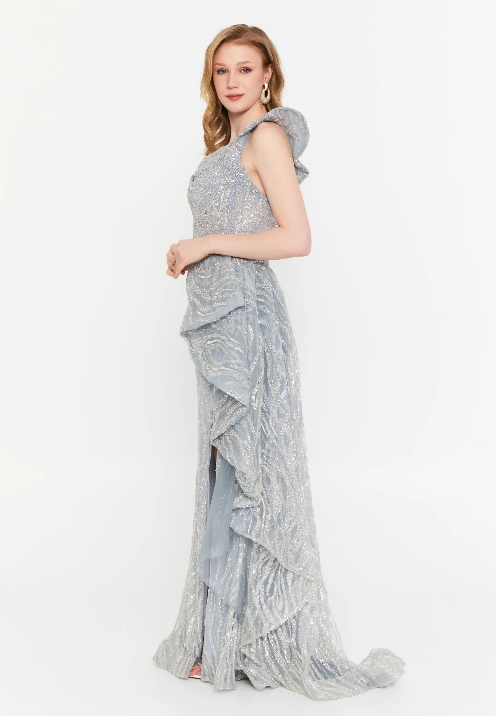 One Shoulder Maxi Tulle Mermaid Regular Wedding Guest Dress mtc1130 - Image 3