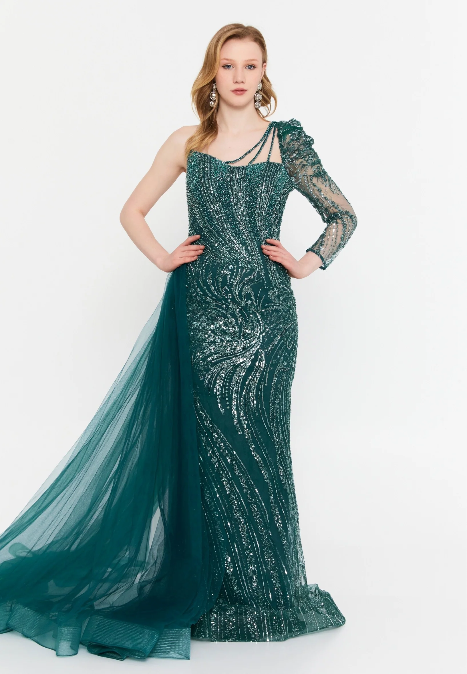One Shoulder Maxi Tulle Mermaid Regular Wedding Guest Dress mtc2612 - Image 5