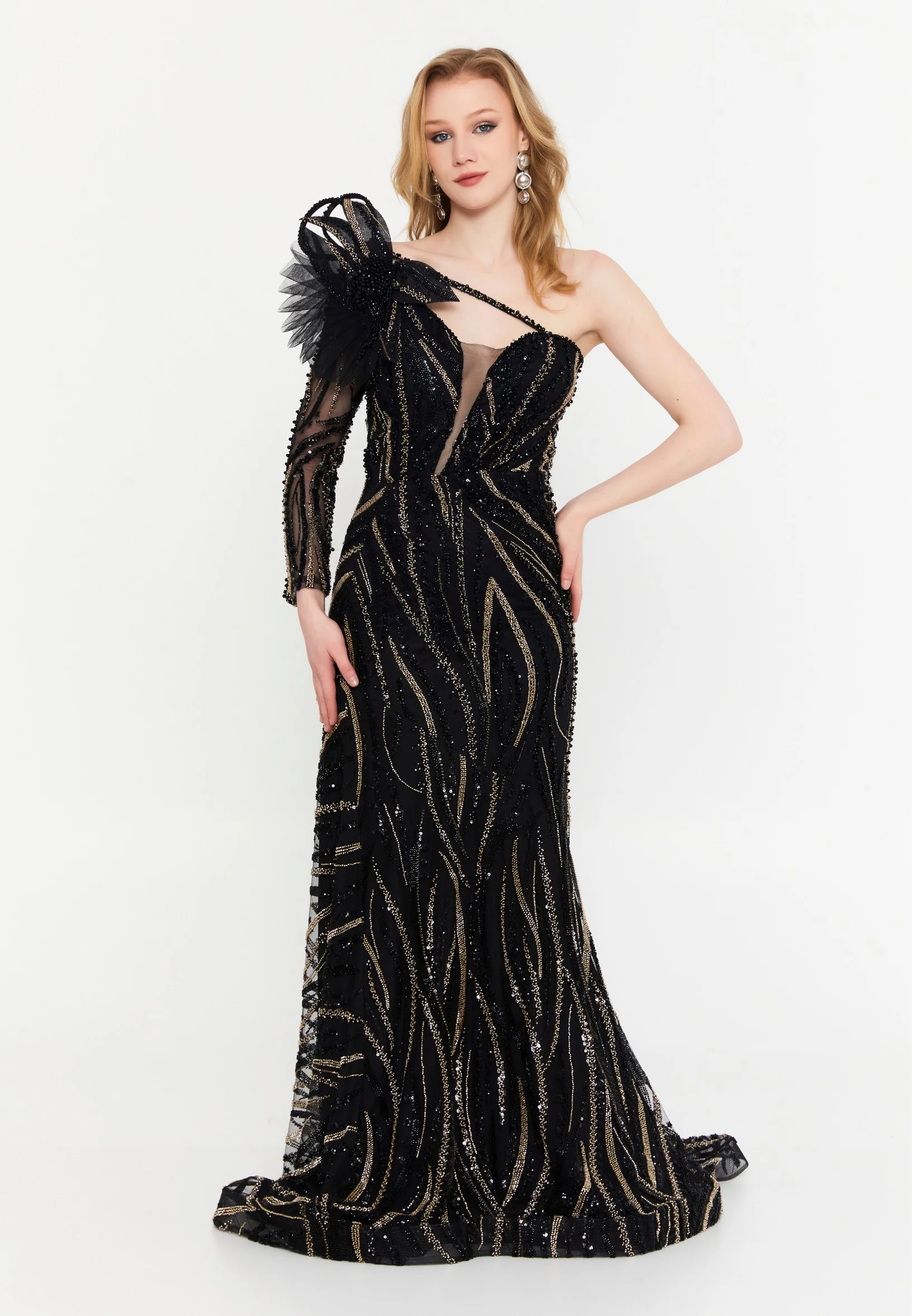One Shoulder Maxi Tulle Mermaid Regular Wedding Guest Dress mtr88227 - Image 5