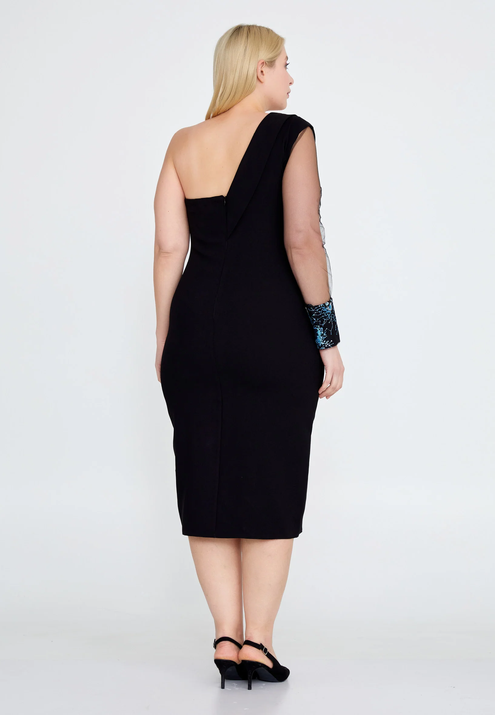 One Shoulder Midi Crepe Column Plus Size Evening Dress nzn1630-b - Image 2