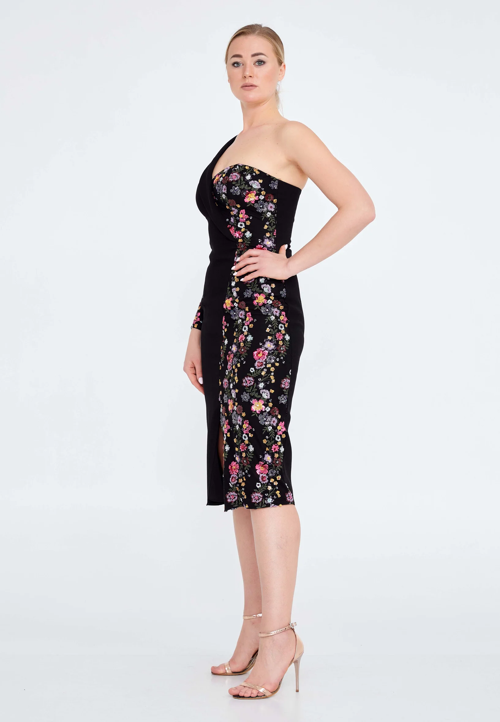 One Shoulder Midi Crepe Column Regular Cocktail Dress nzn1630 - Image 3