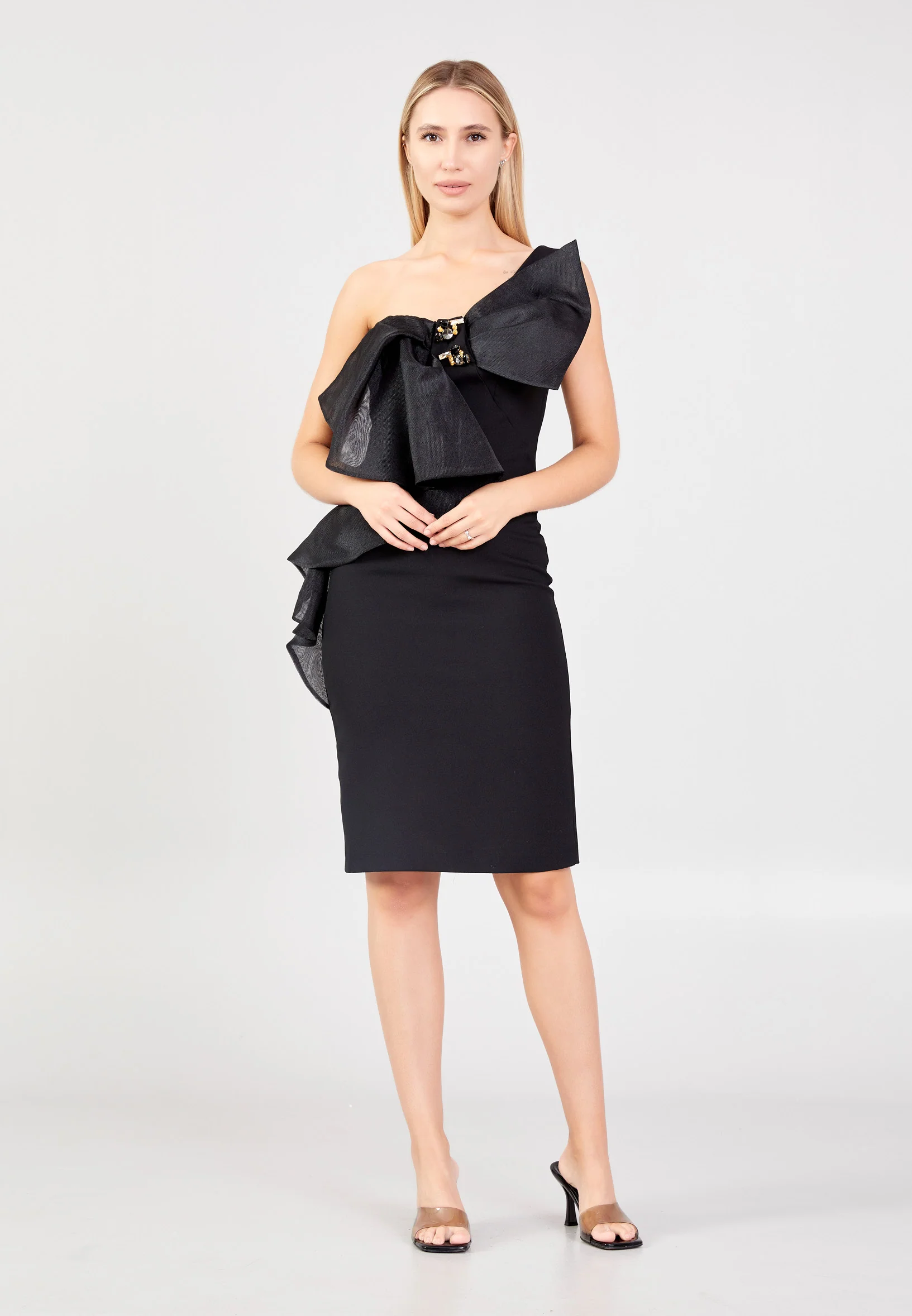One Shoulder Midi Crepe Column Regular Evening Dress jnm23-356
