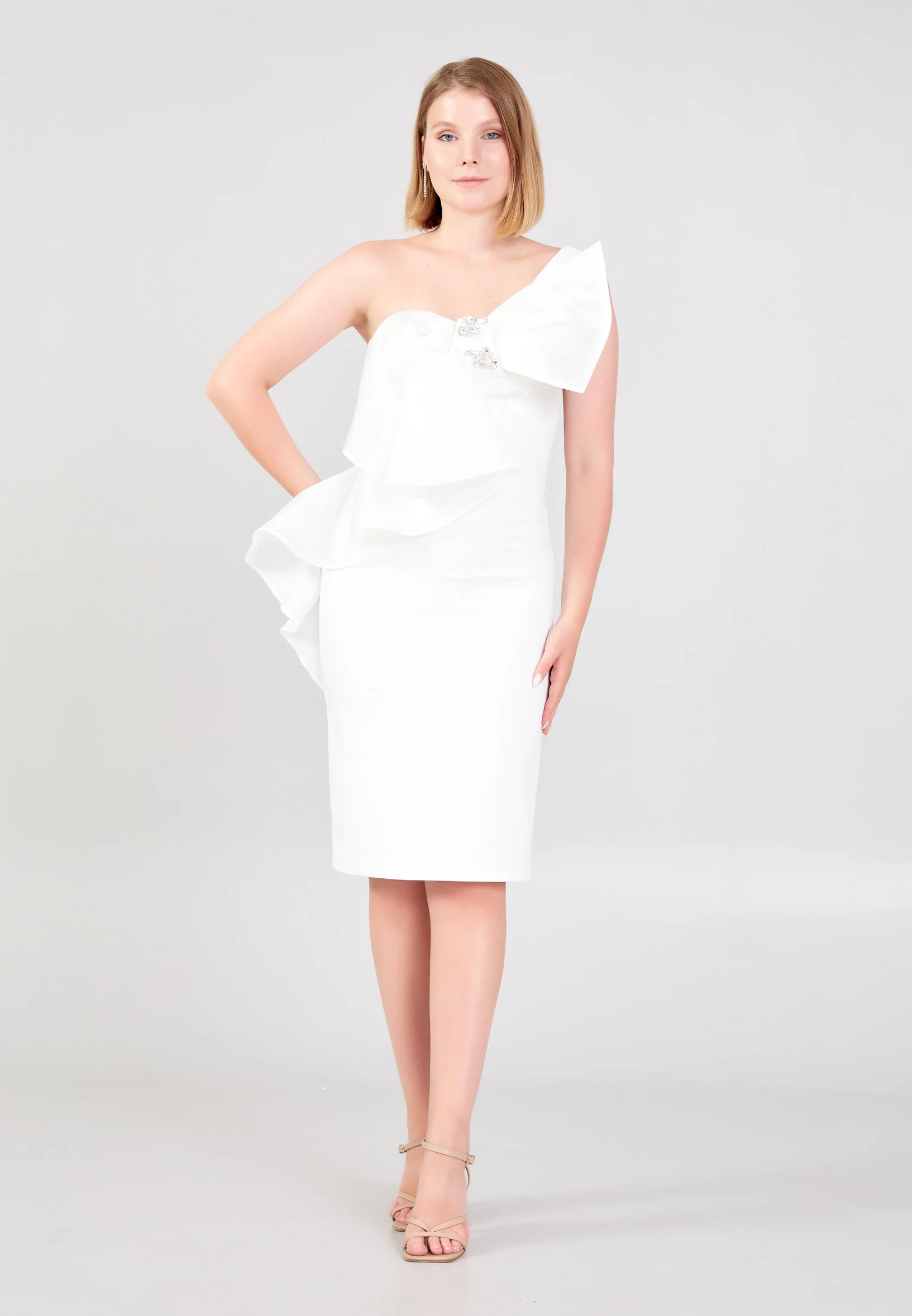 One Shoulder Midi Crepe Column Regular Evening Dress jnm23-356 - Image 5