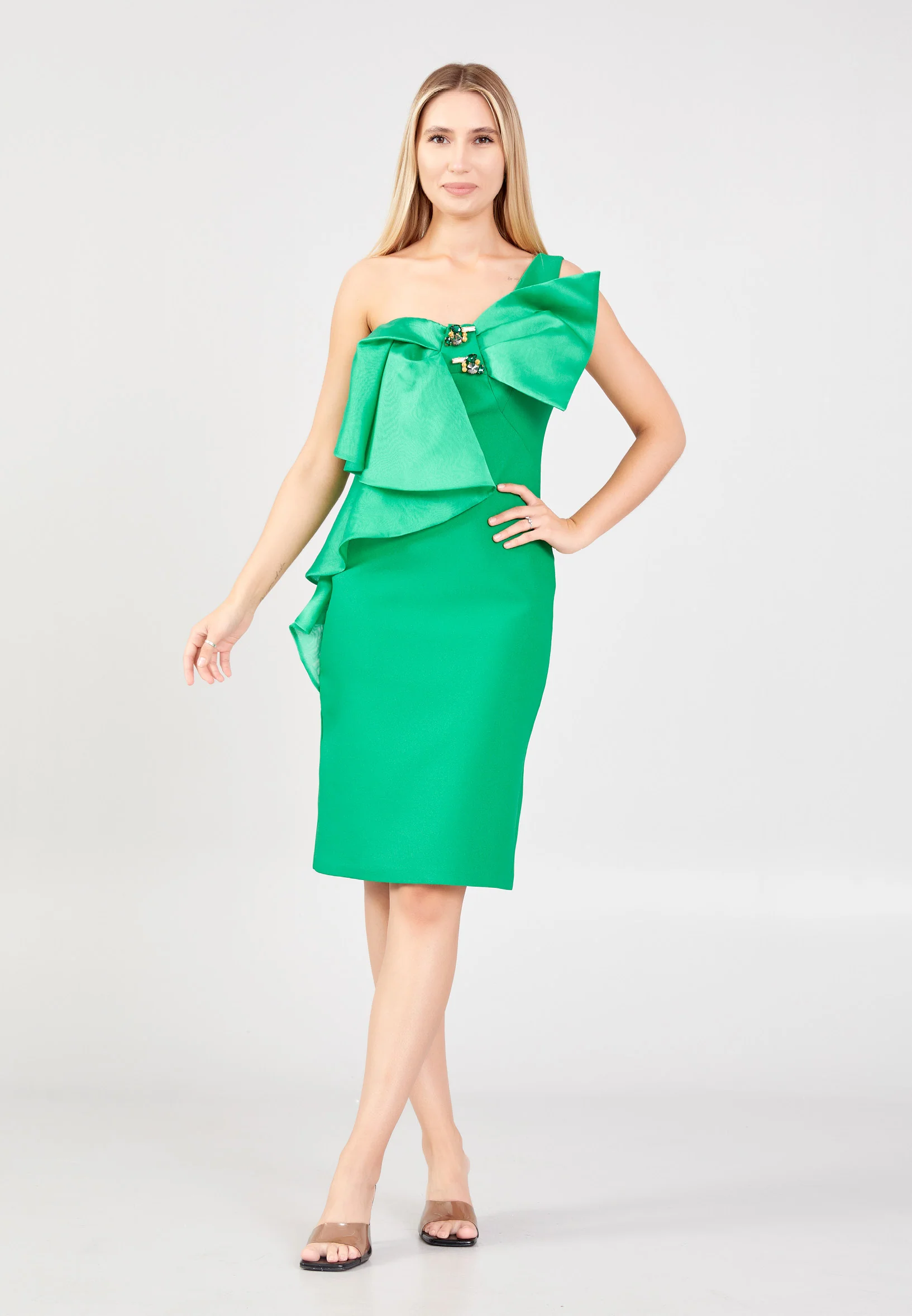 One Shoulder Midi Crepe Column Regular Evening Dress jnm23-356 - Image 8