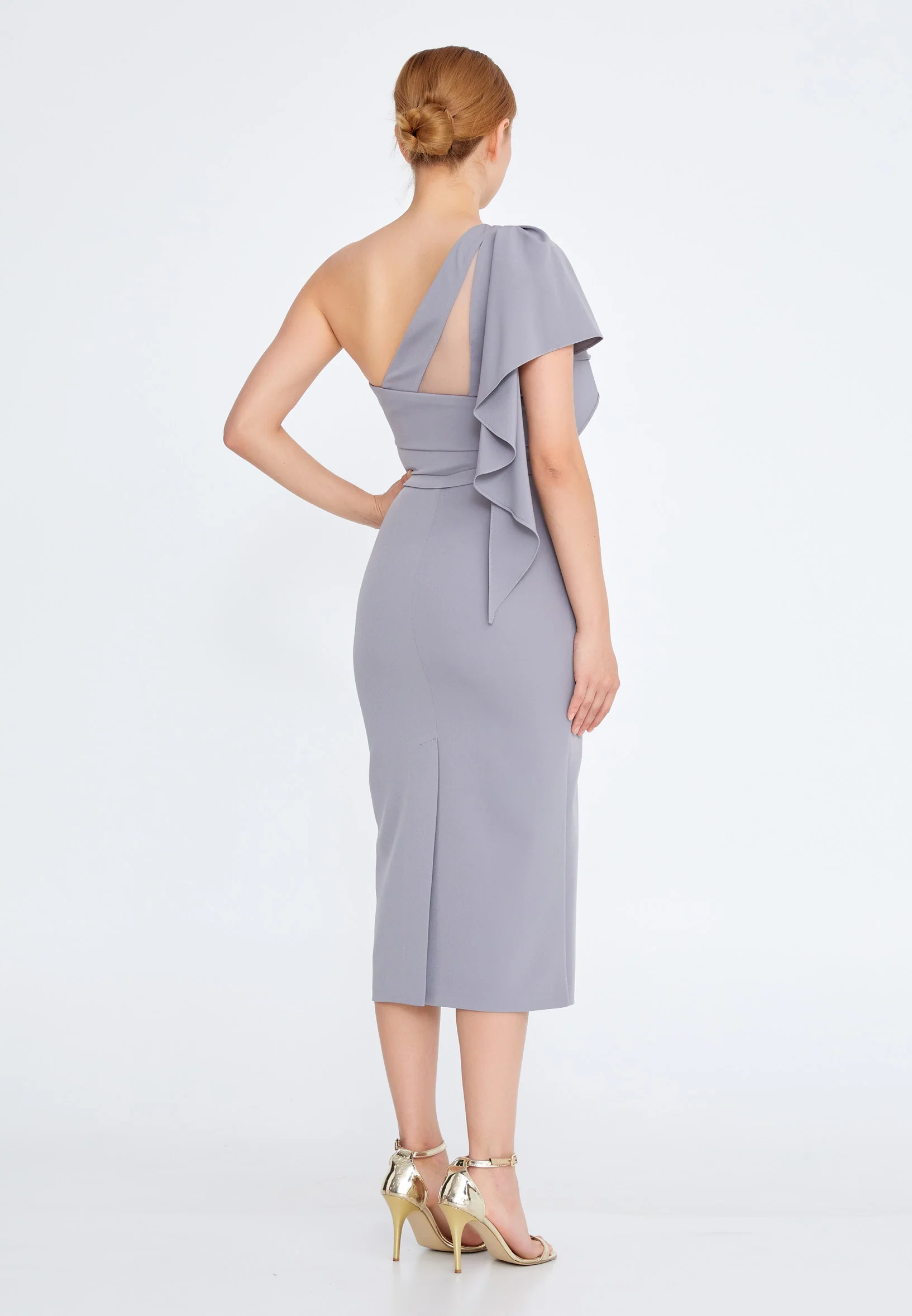 One Shoulder Midi Satin Column Regular Evening Dress jnm21-150 - Image 6