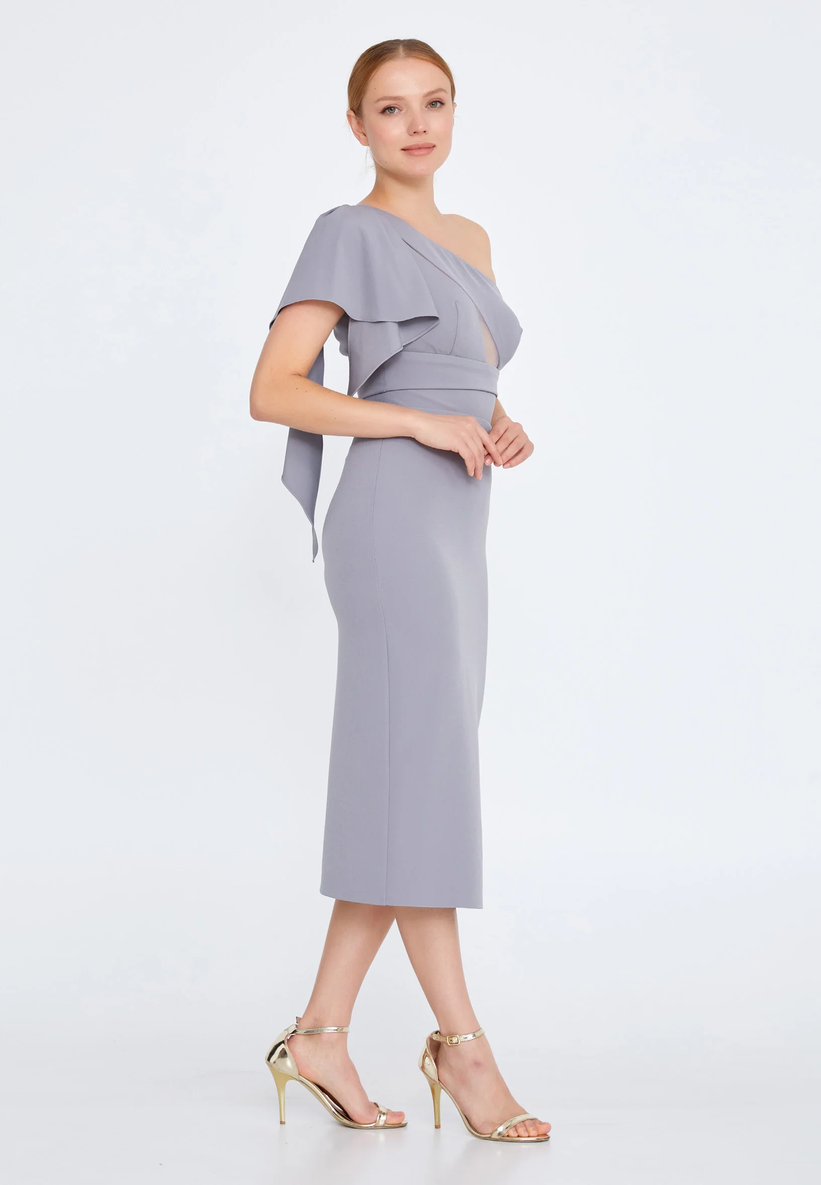 One Shoulder Midi Satin Column Regular Evening Dress jnm21-150 - Image 7