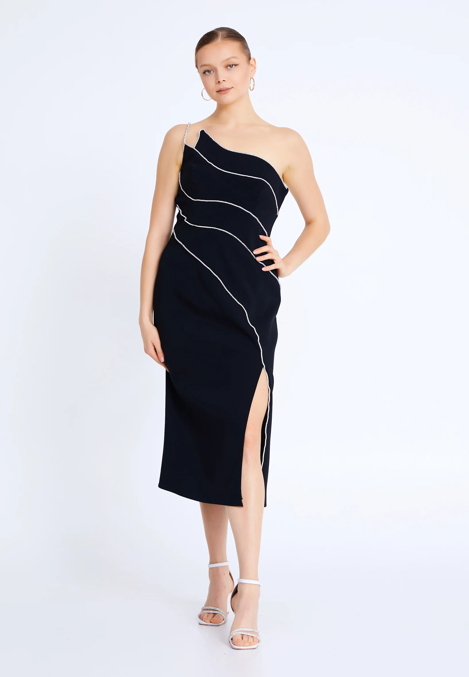 One Shoulder Midi Viscose Column Plus Size Evening Dress aln01812