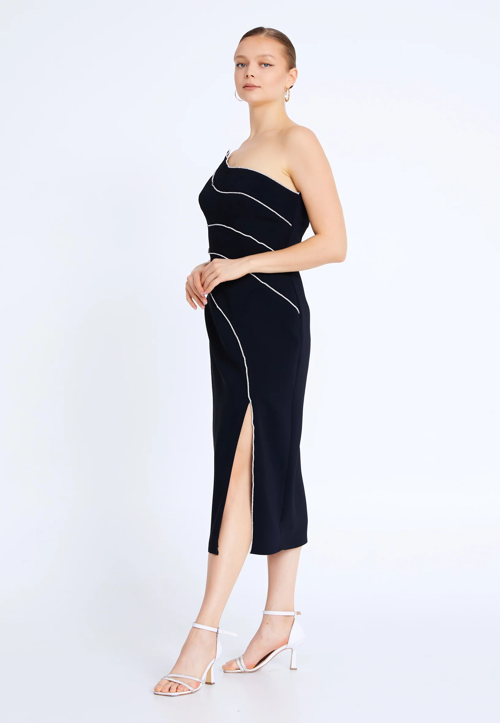 One Shoulder Midi Viscose Column Plus Size Evening Dress aln01812 - Image 3