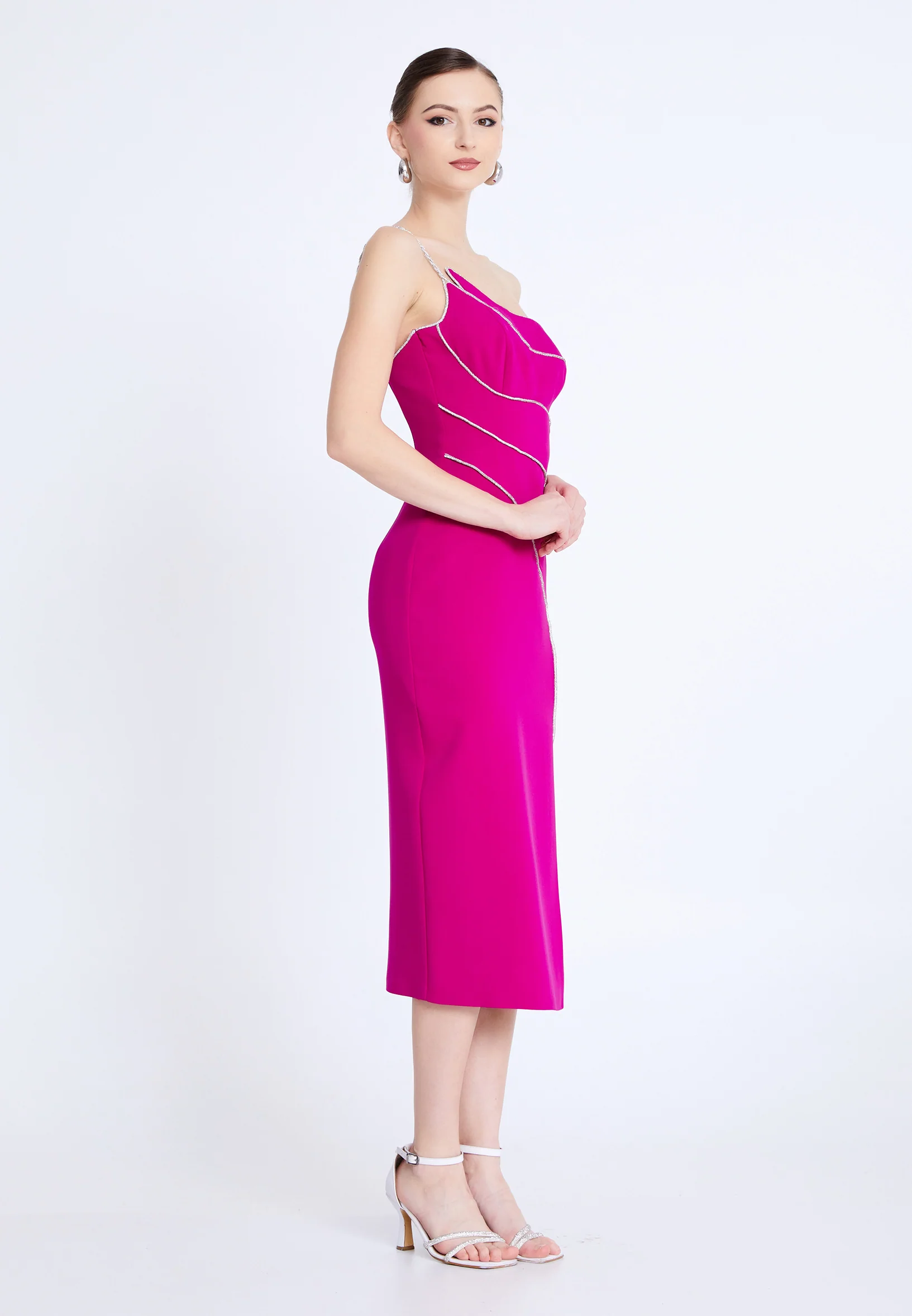 One Shoulder Midi Viscose Column Regular Evening Dress aln1812 - Image 15