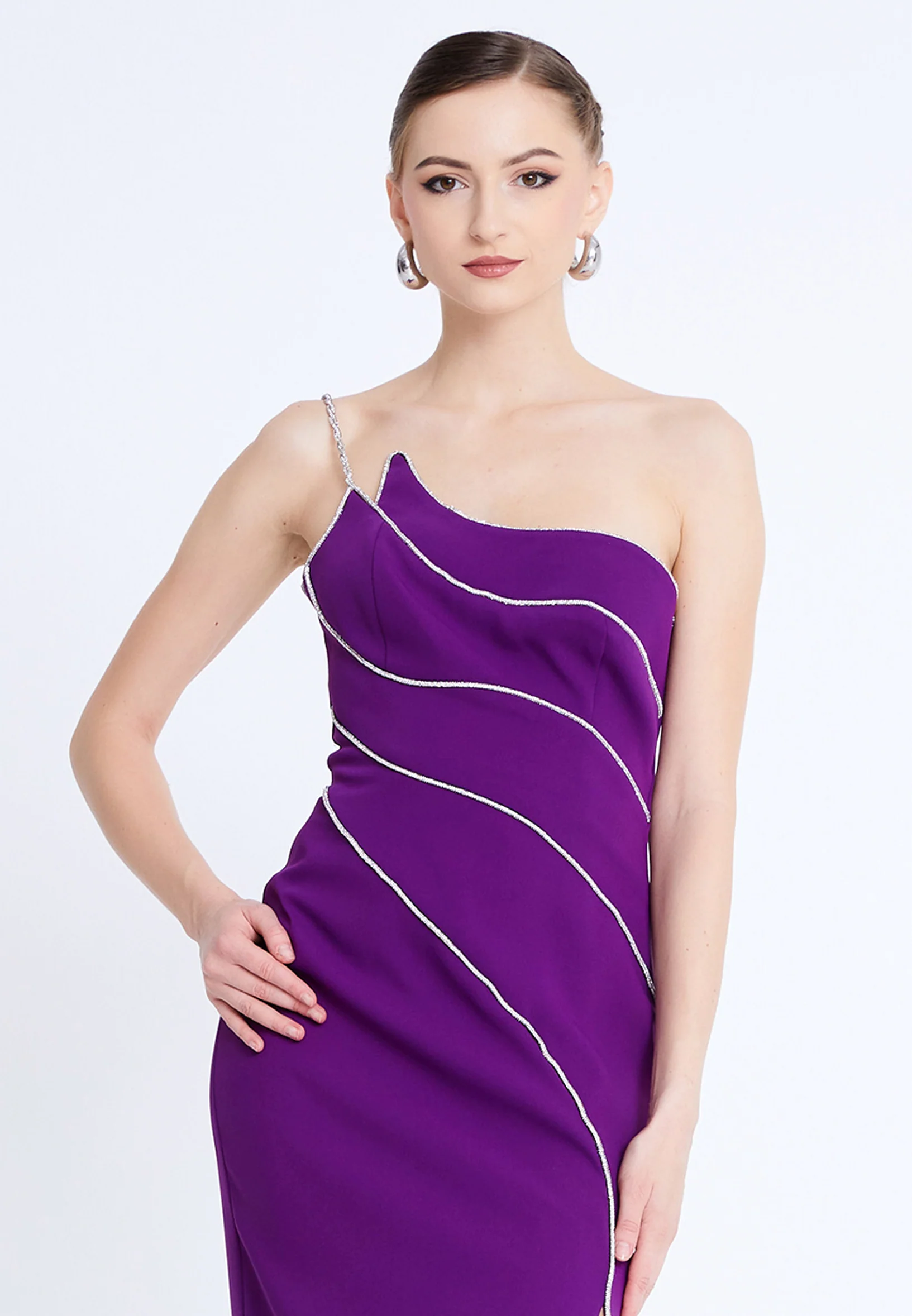 One Shoulder Midi Viscose Column Regular Evening Dress aln1812 - Image 20