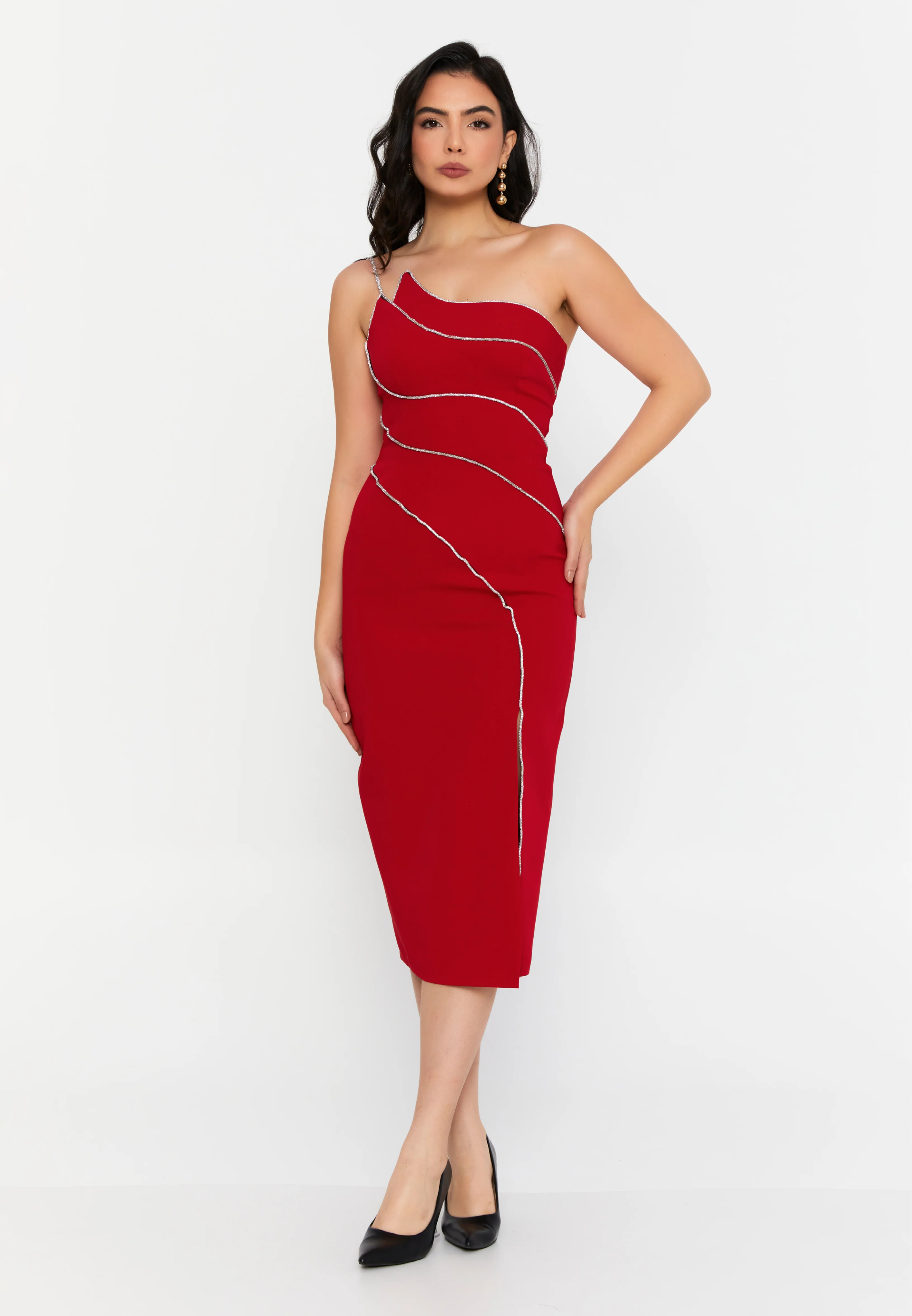 One Shoulder Midi Viscose Column Regular Evening Dress aln1812 - Image 21