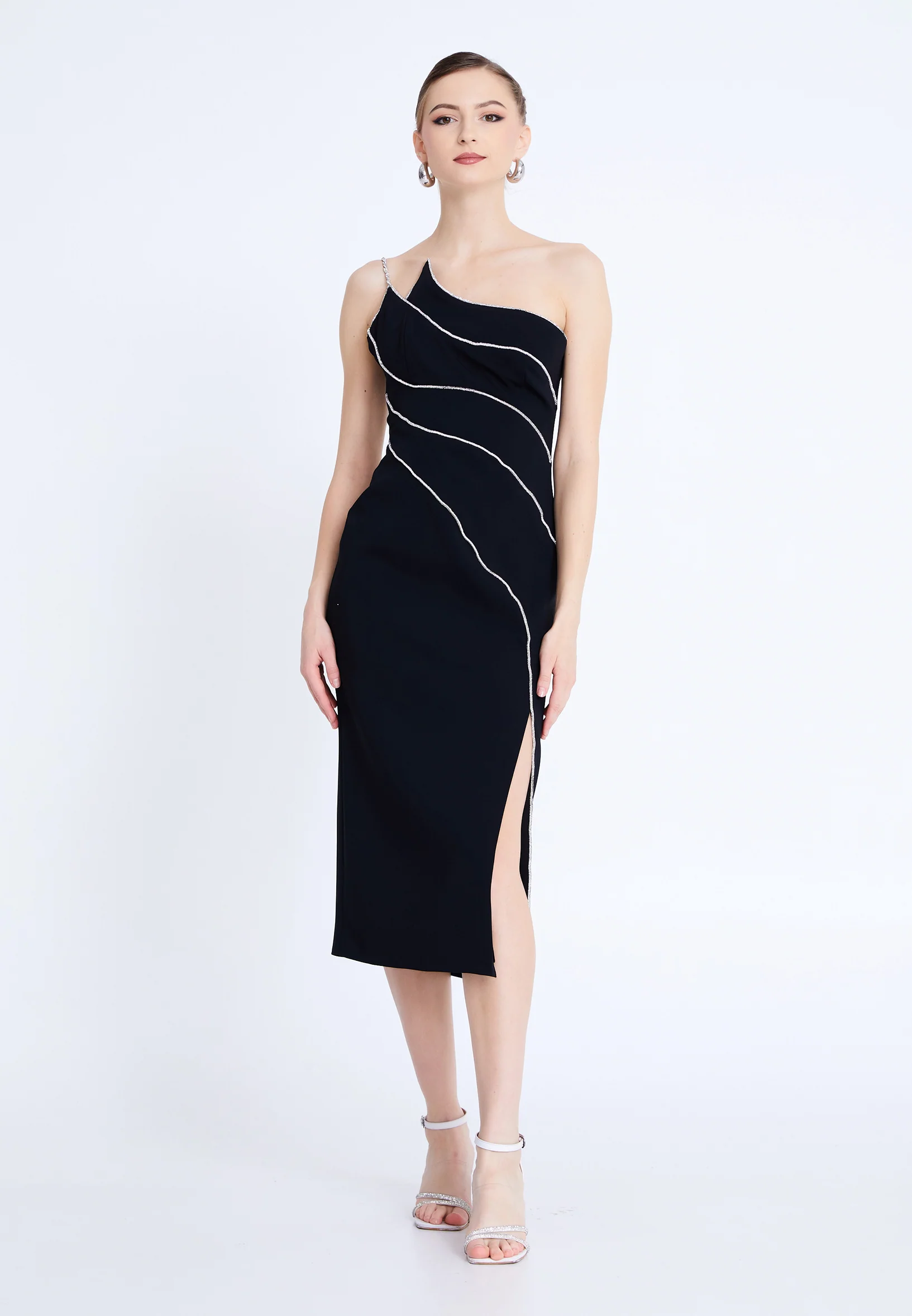 One Shoulder Midi Viscose Column Regular Evening Dress aln1812 - Image 5
