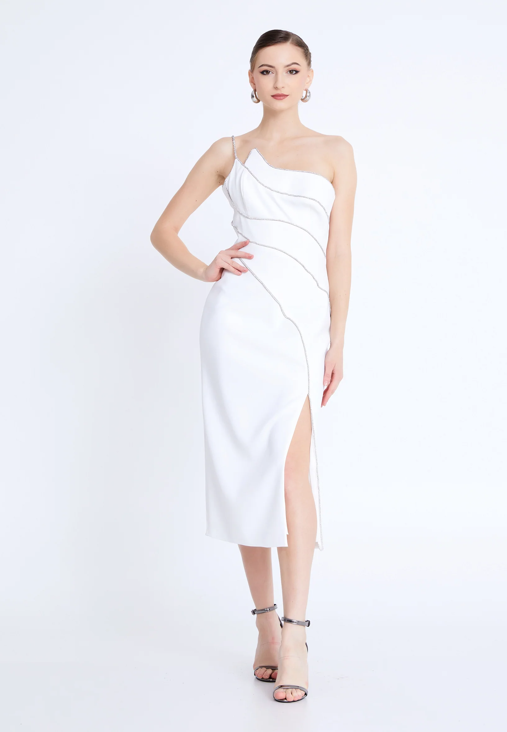 One Shoulder Midi Viscose Column Regular Evening Dress aln1812 - Image 9