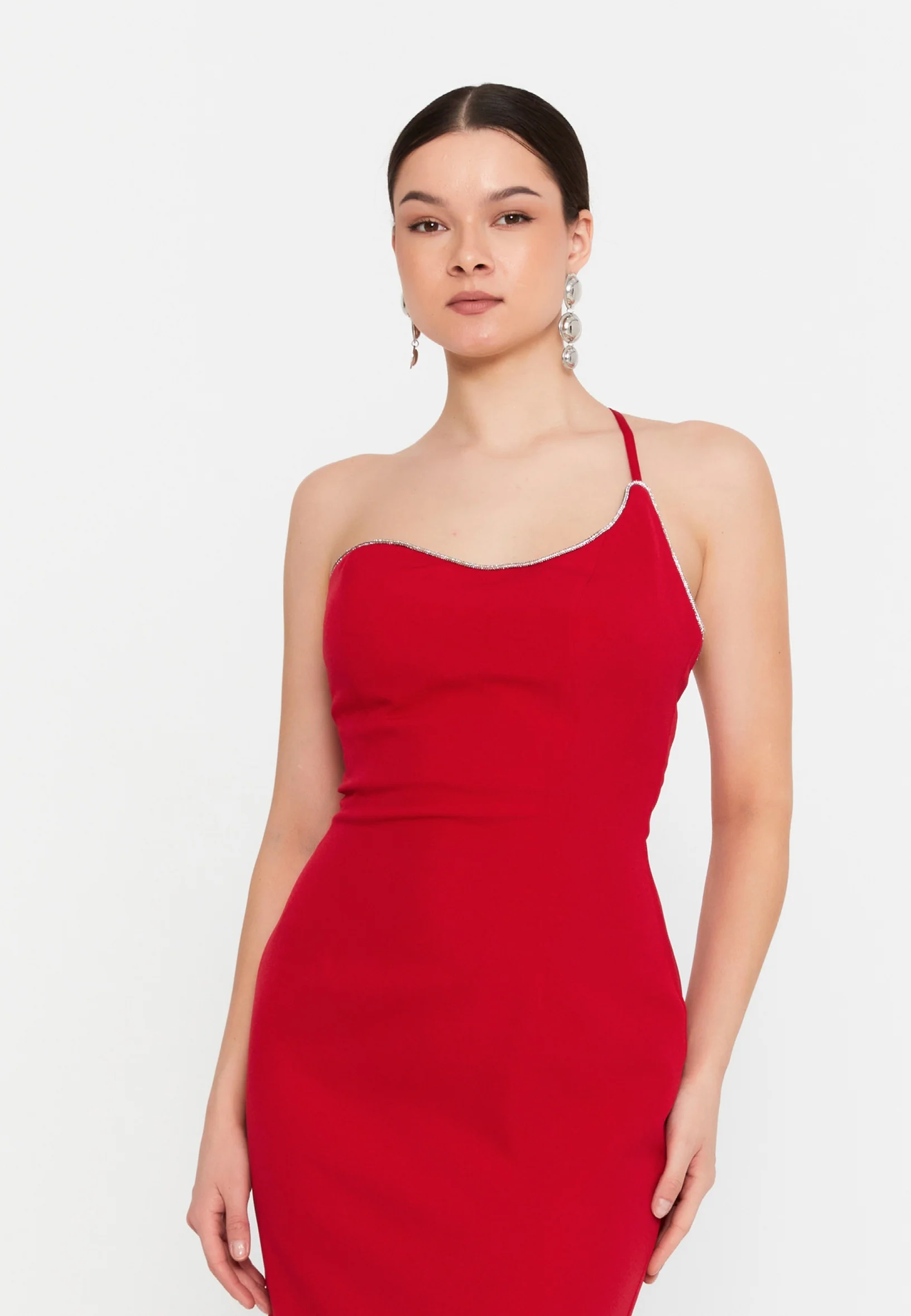 One Shoulder Midi Viscose Column Regular Evening Dress aln1895 - Image 16