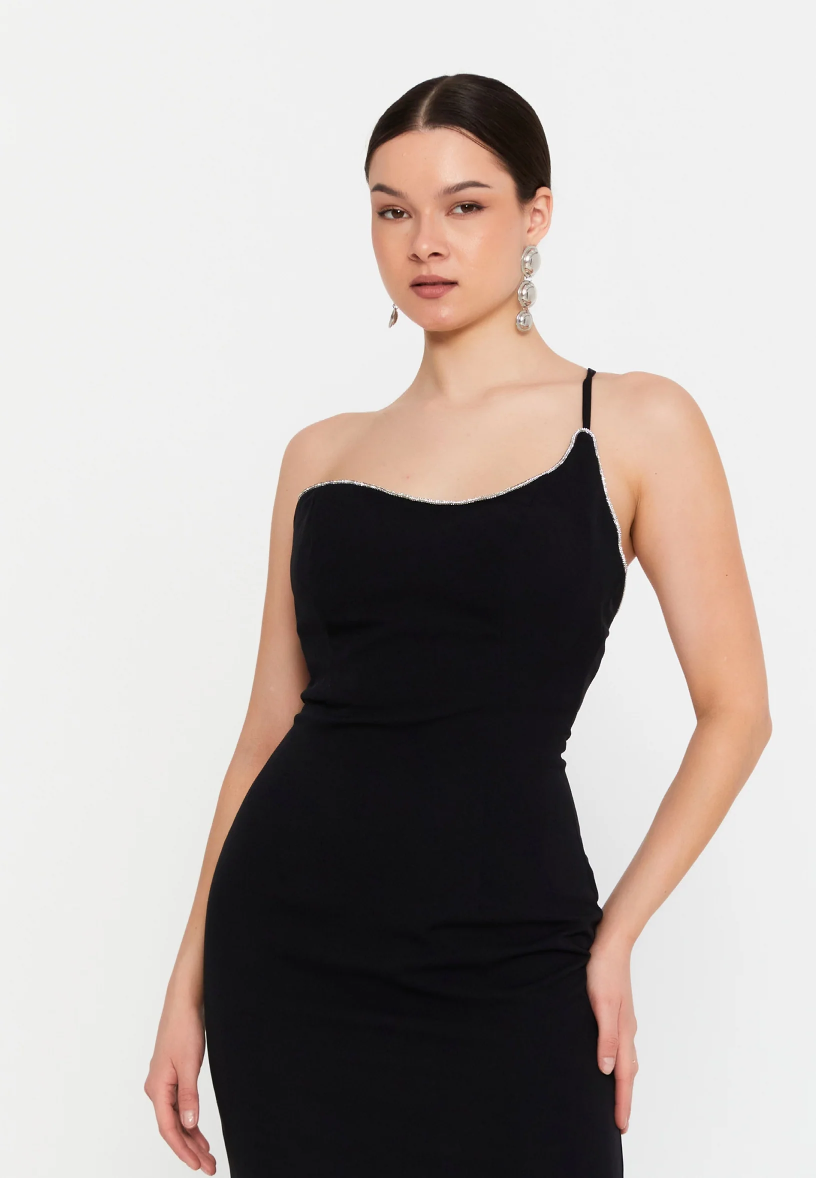 One Shoulder Midi Viscose Column Regular Evening Dress aln1895 - Image 4