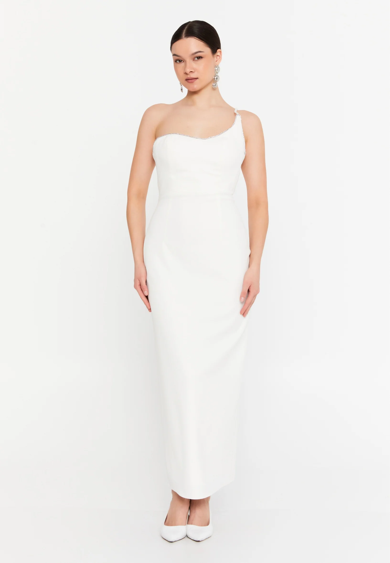 One Shoulder Midi Viscose Column Regular Evening Dress aln1895 - Image 5