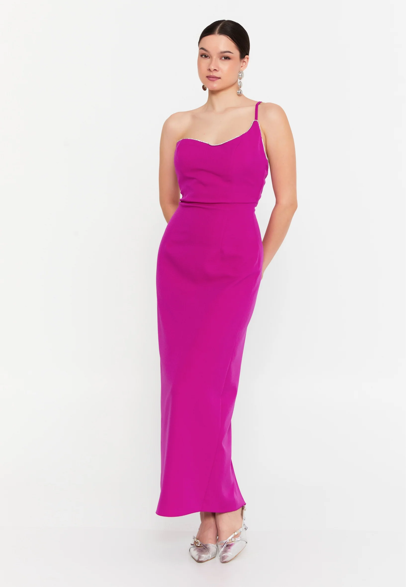 One Shoulder Midi Viscose Column Regular Evening Dress aln1895 - Image 9