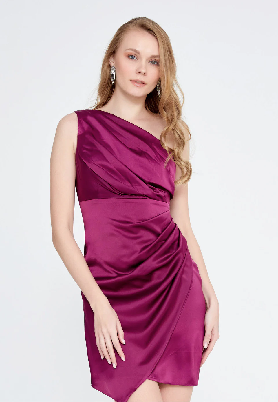 One Shoulder Mini Satin Column Regular Evening Dress ron7061 - Image 68