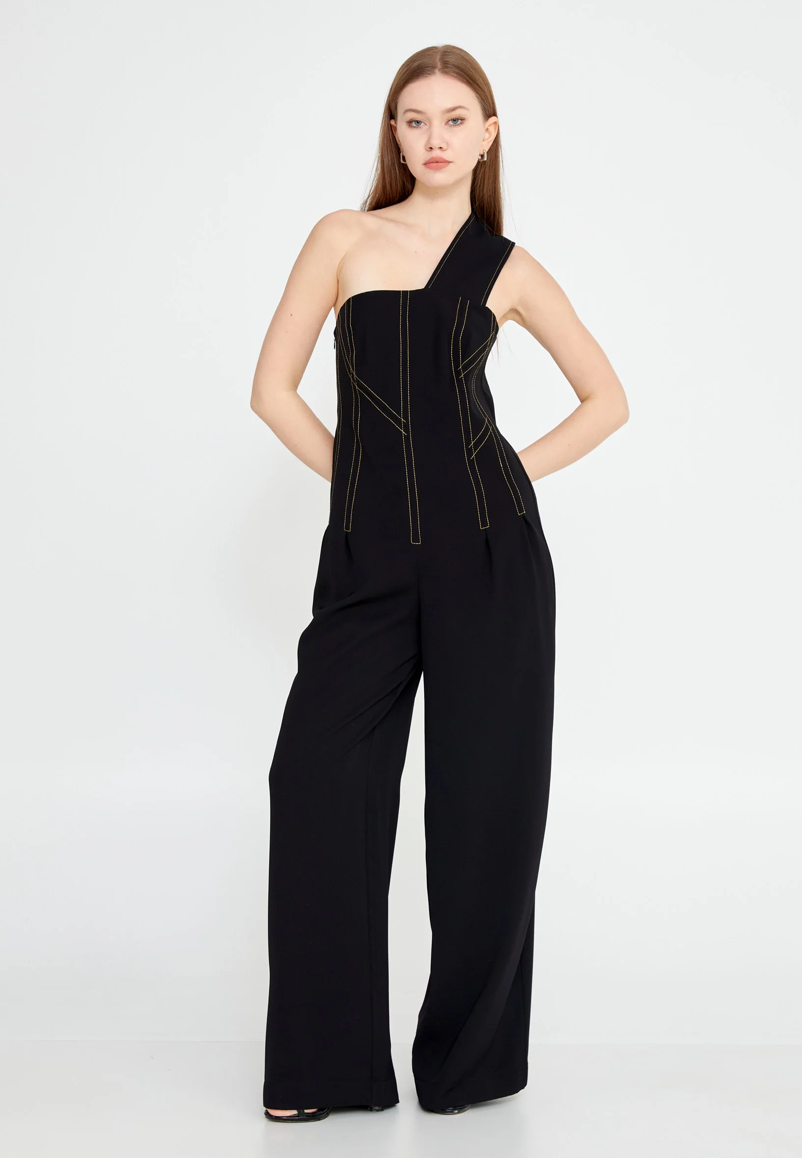 One Shoulder Solid Color Regular Fit Regular Casual Jumpsuit kmy24y22402