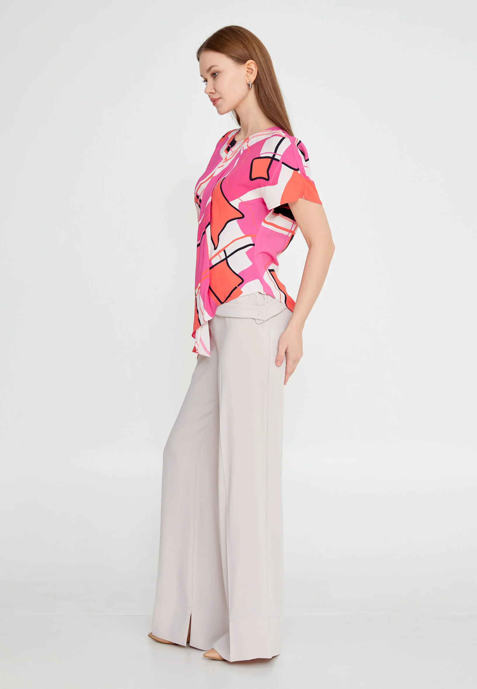 Short Sleeve Geometric Regular Blouse kmy24y10462 - Image 3