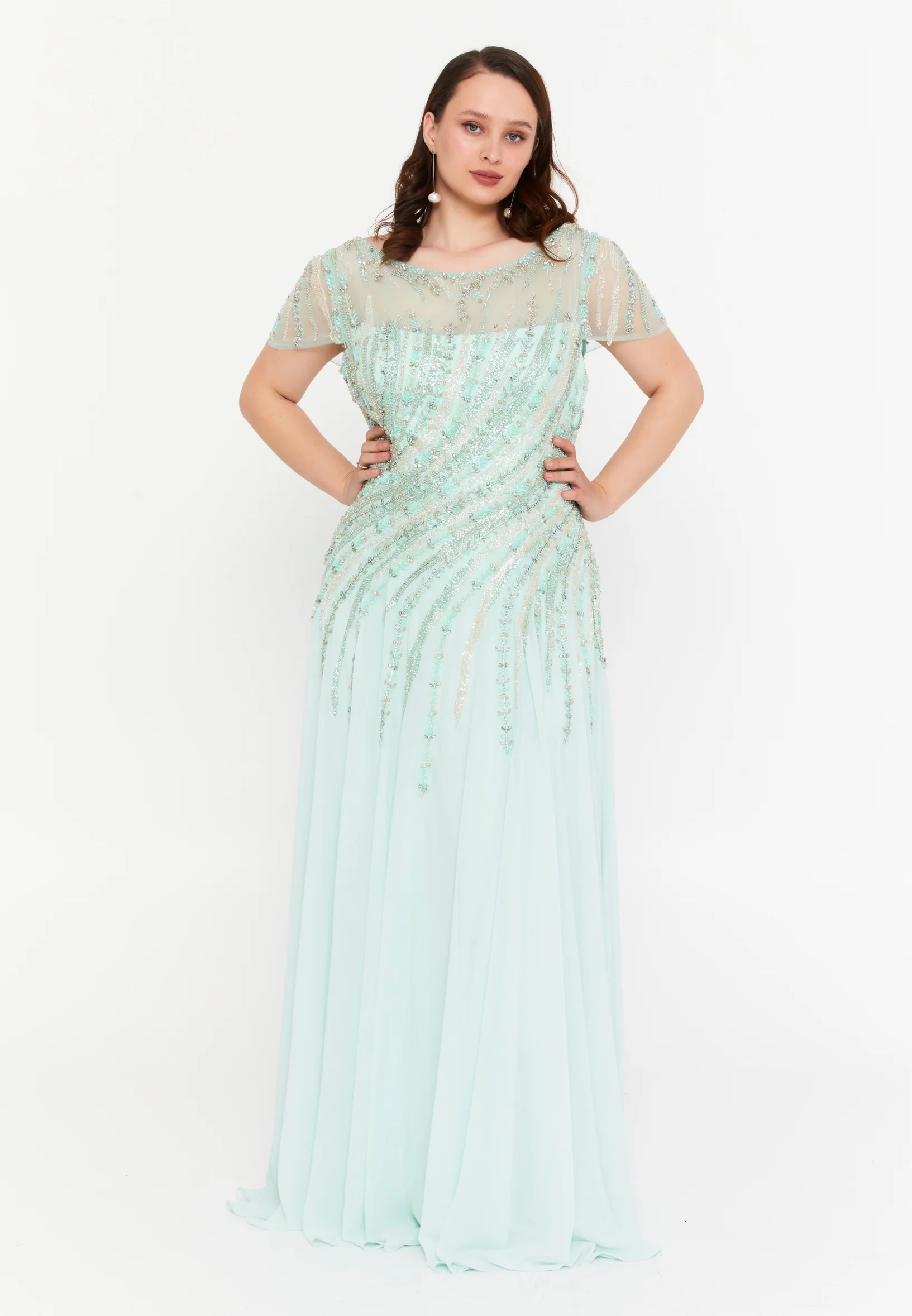 Short Sleeve Maxi Chiffon Column Plus Size Wedding Guest Dress mtc15512
